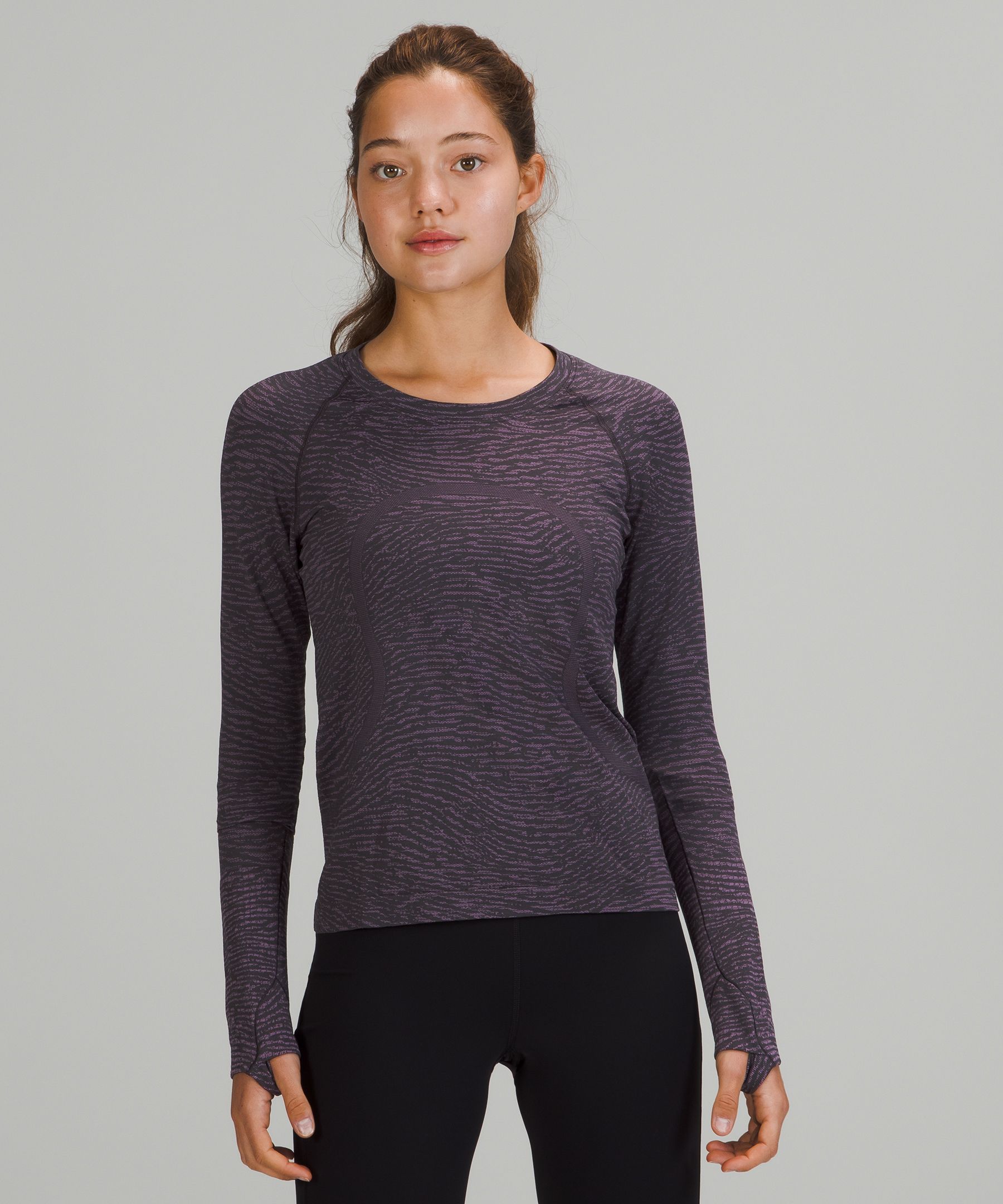 Lululemon Swiftly Tech Long Sleeve Shirt 2.0 Race Length In Water Surface Black Granite/wisteria Purple