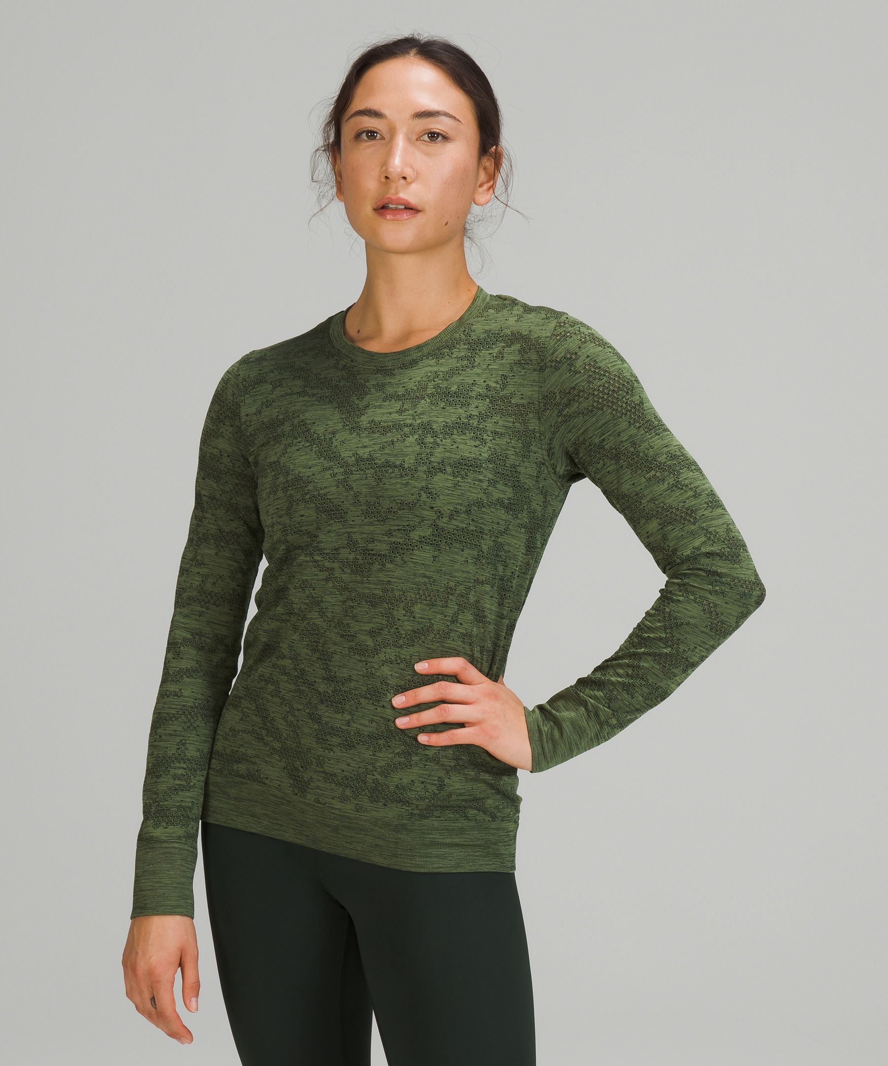 Lululemon Swiftly Breathe Relaxed-fit Long Sleeve Shirt In Dot Scape Rainforest  Green/green Twill