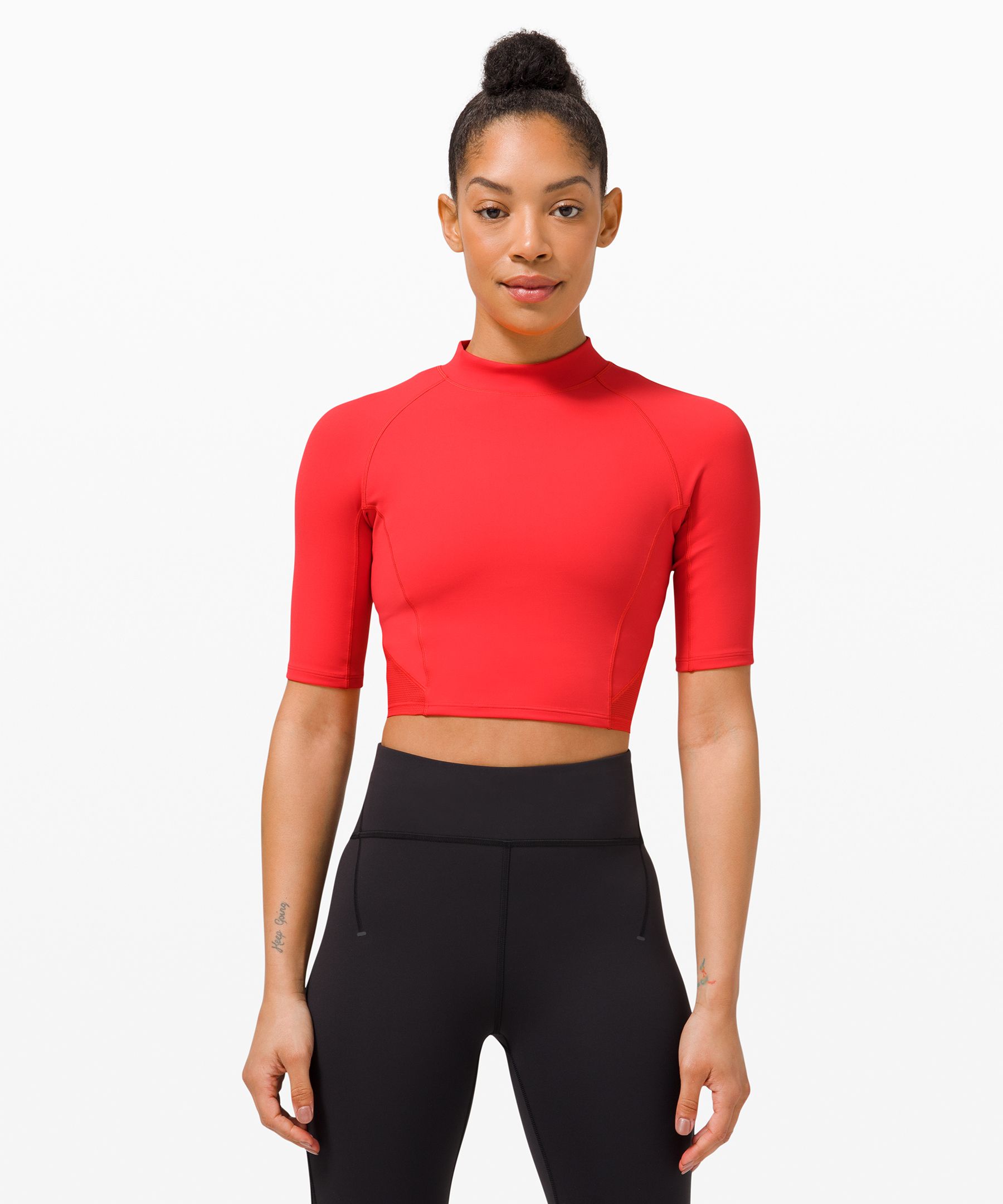 Lululemon Everlux And Mesh Cropped Short Sleeve Shirt In Pink Punch