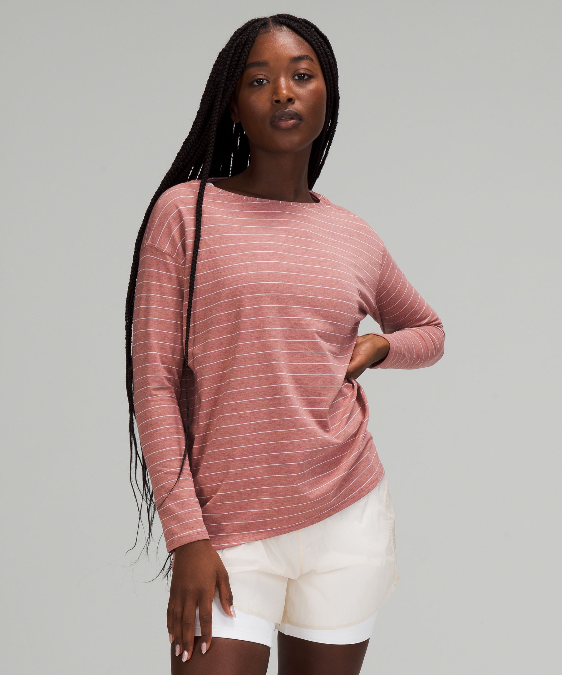 Lululemon Back In Action Long Sleeve Shirt In Short Serve Stripe Heathered Spiced Chai White