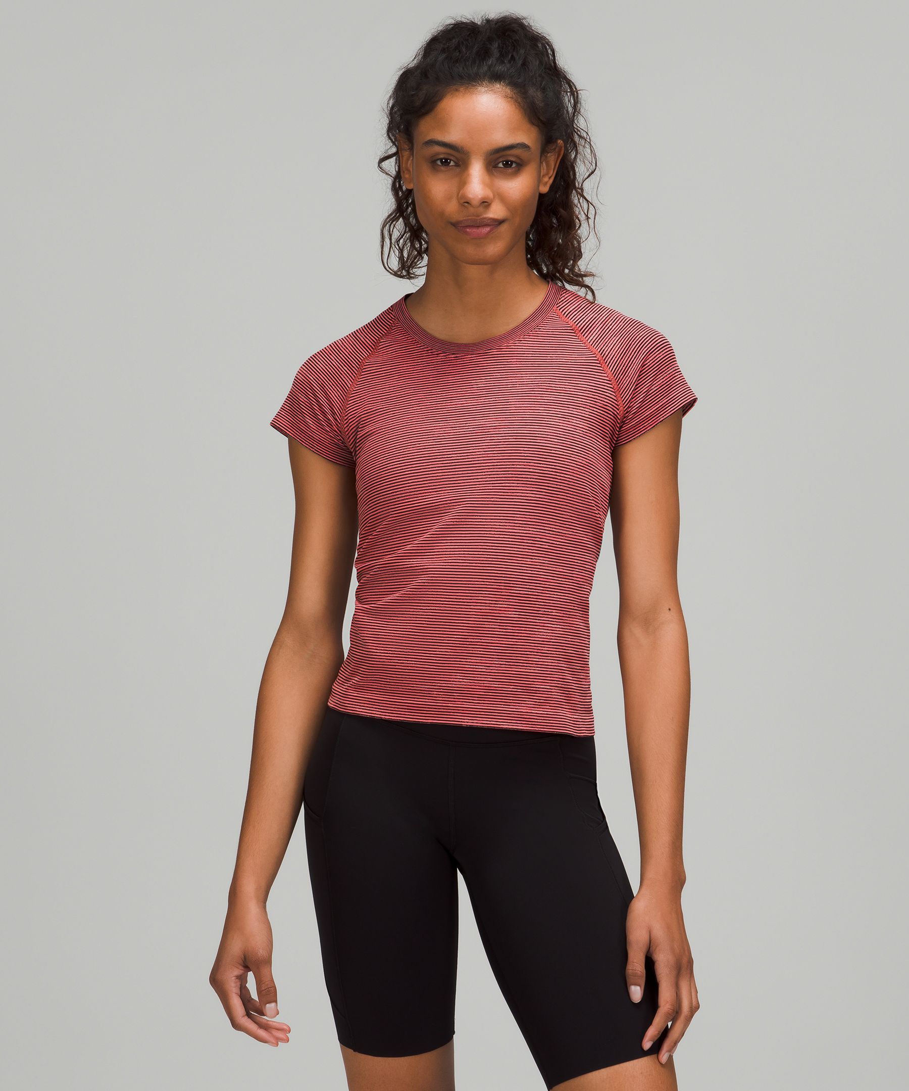 Lululemon Swiftly Tech Short Sleeve Shirt 2.0 Race Length In Chroma Check Stripe Raspberry Cream/black/flare Multi