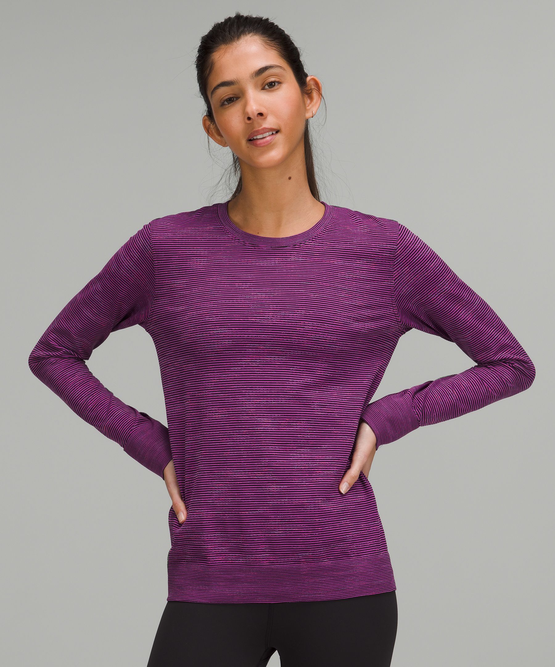 Lululemon Swiftly Relaxed-fit Long Sleeve Shirt In Chroma Check Stripe Vivid Plum/black/vivid Plum