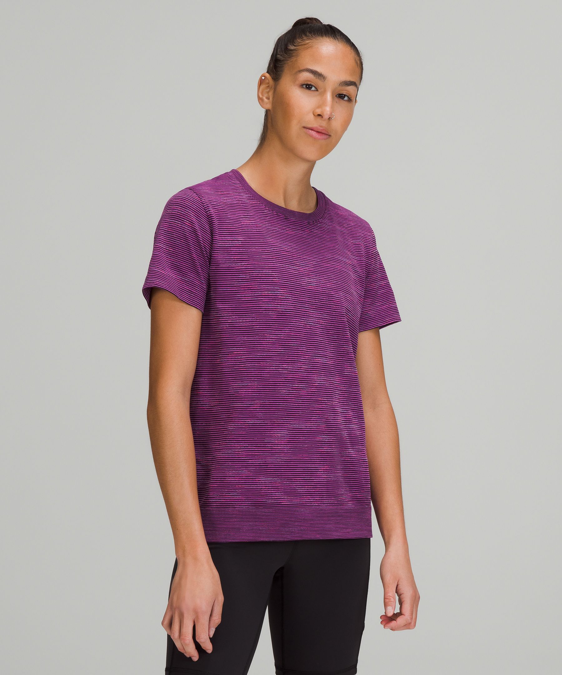 Lululemon Swiftly Relaxed-fit Short Sleeve T-shirt In Chroma Check Stripe Vivid Plum/black/vivid Plum