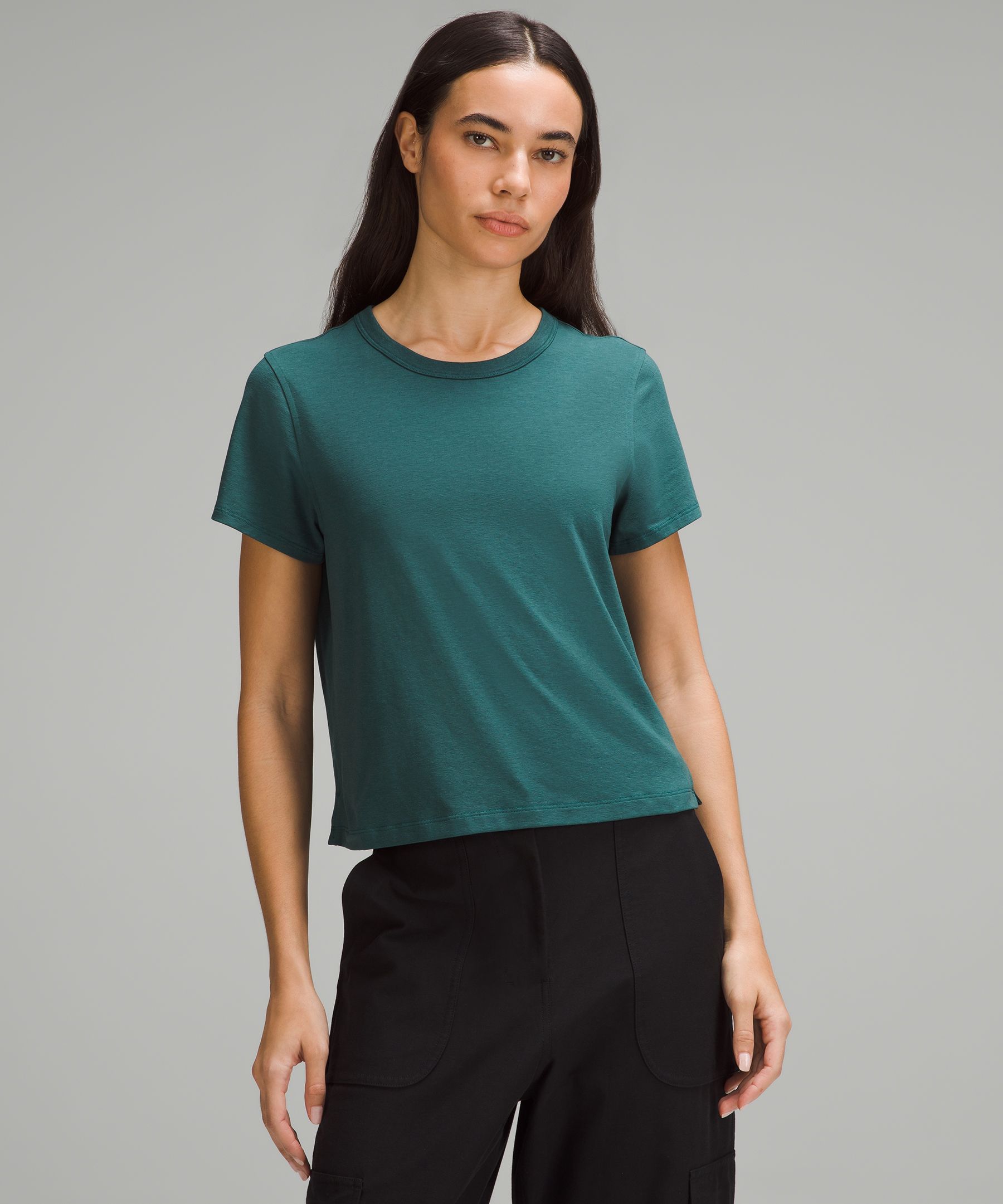 Lululemon Cropped Cotton Ribbed-Band T-Shirt - Graphite Grey - lulu fanatics