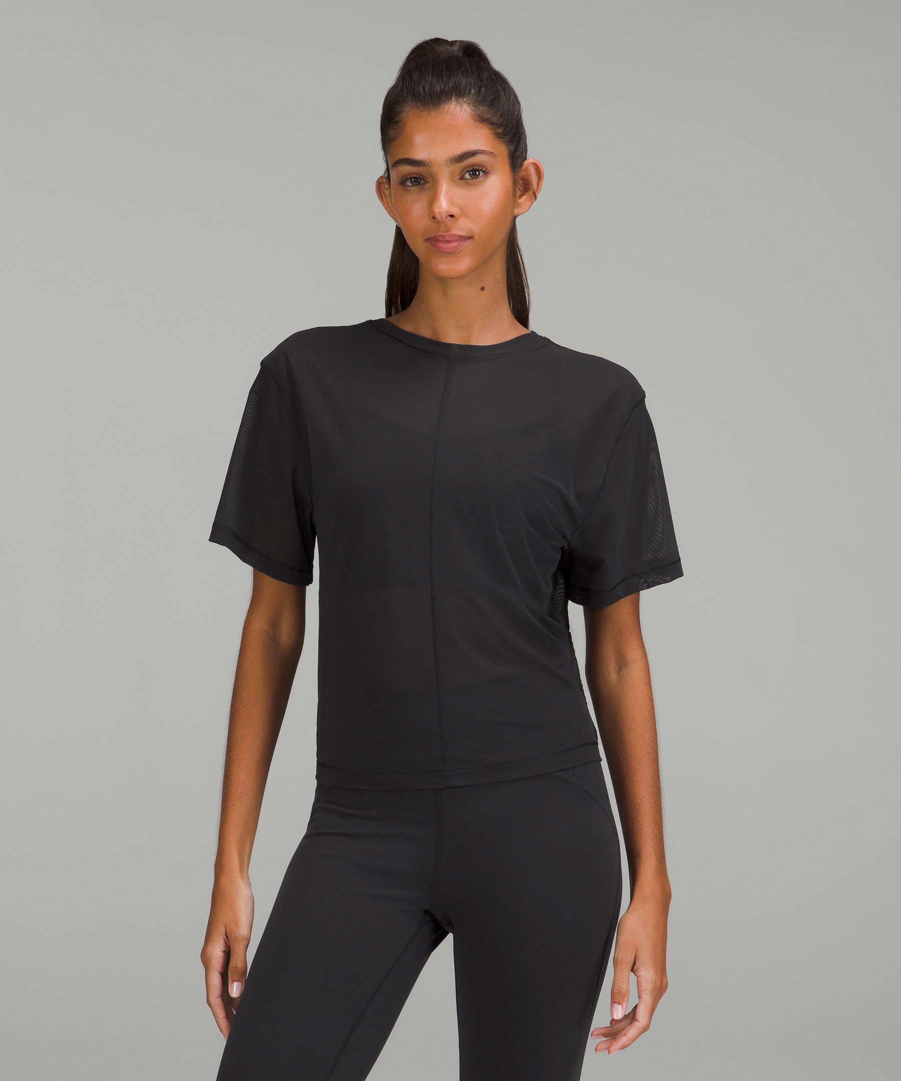 Square Neck Mesh and Nulu Yoga T-Shirt  Short sleeve shirt women, Yoga  tshirt, Women