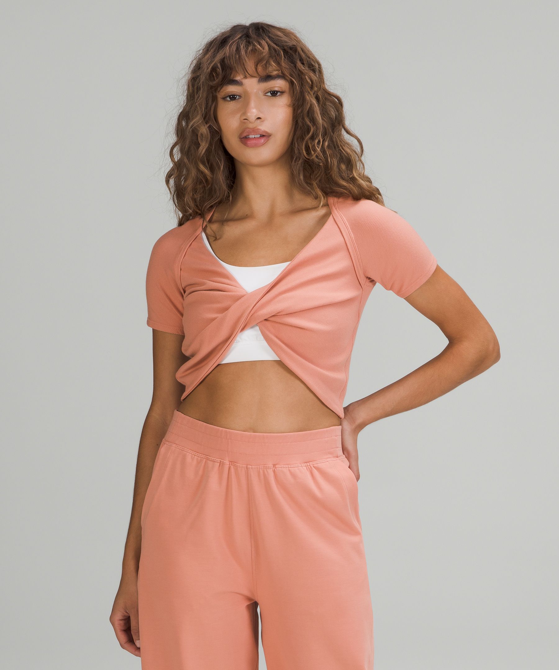 Lululemon La Twist Front Crop Top In Pink Savannah