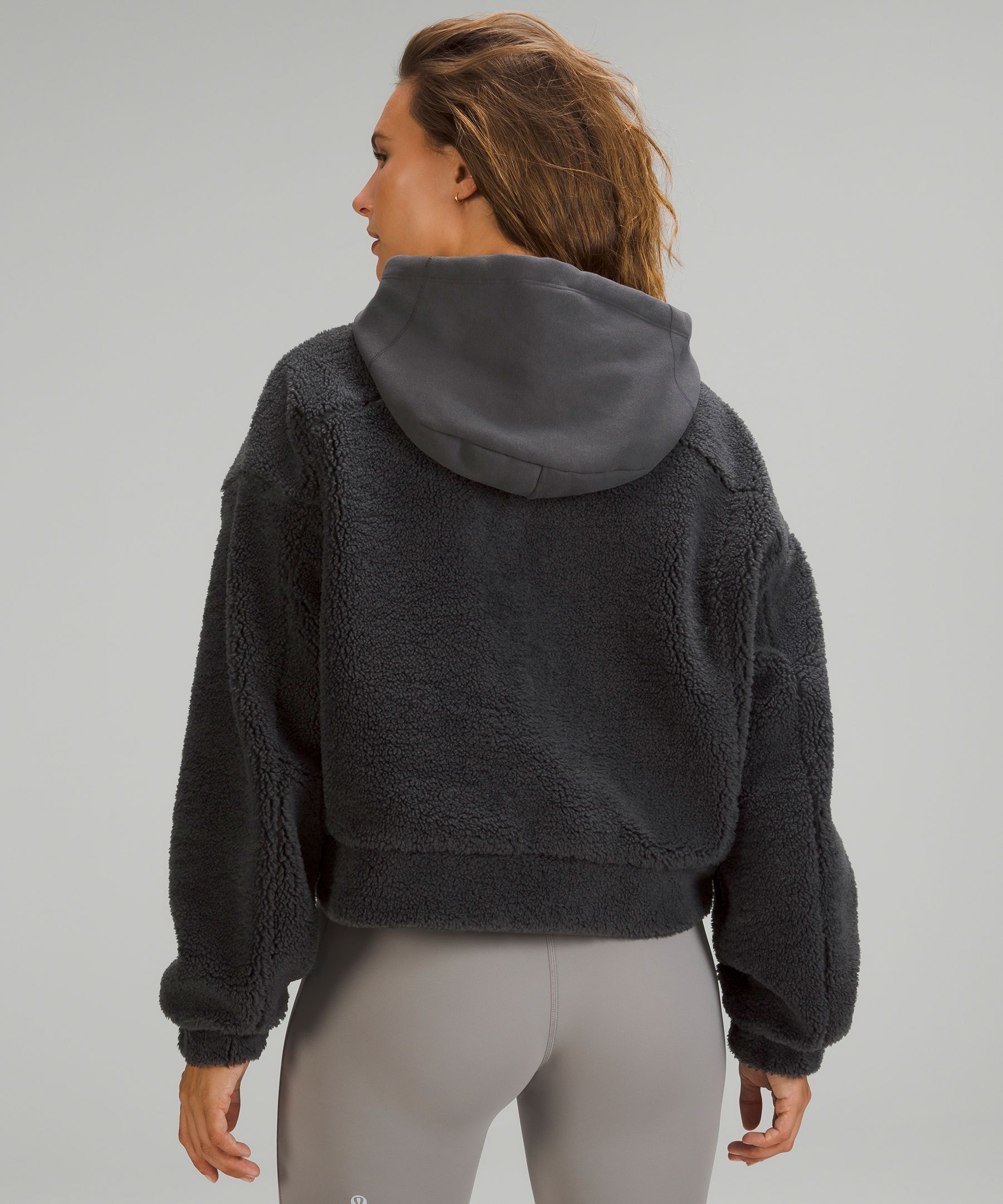 ALO Yoga Foxy Sherpa Cropped Fleece Bomber Jacket w Hood Dove Gray