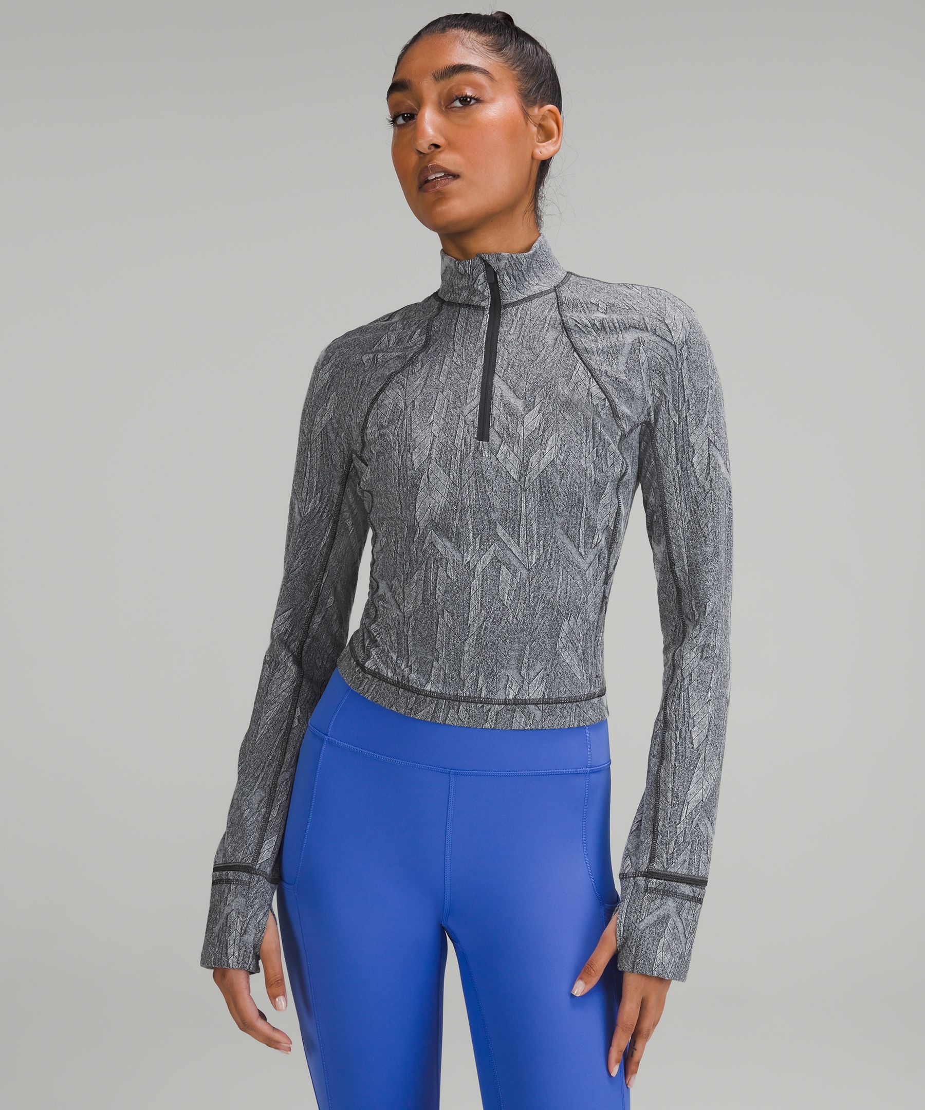 Lululemon It's Rulu Cropped Half Zip In Heathered True Navy/black