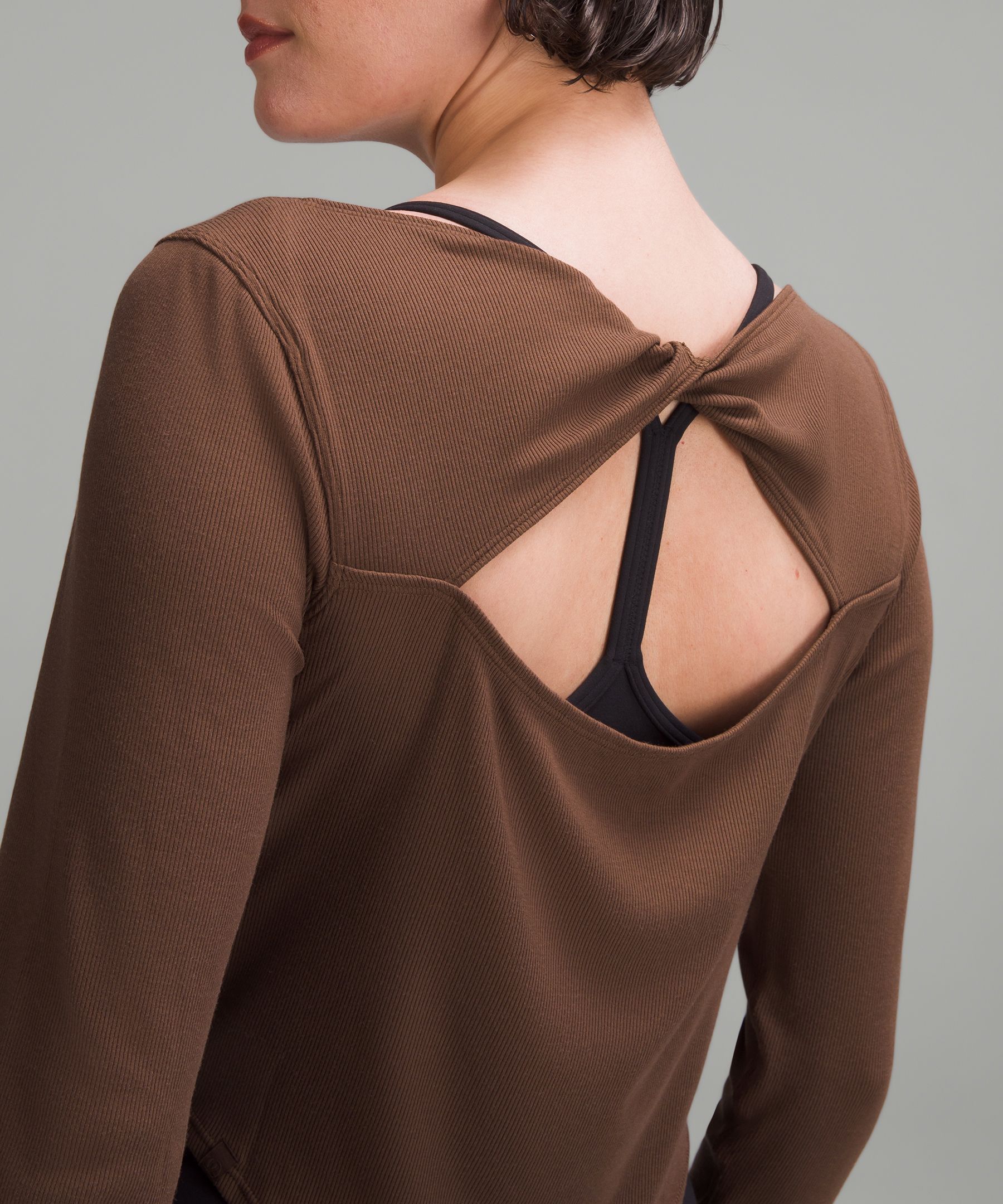 Modal Silk Twist-Back Yoga Long-Sleeve Shirt, Chambray