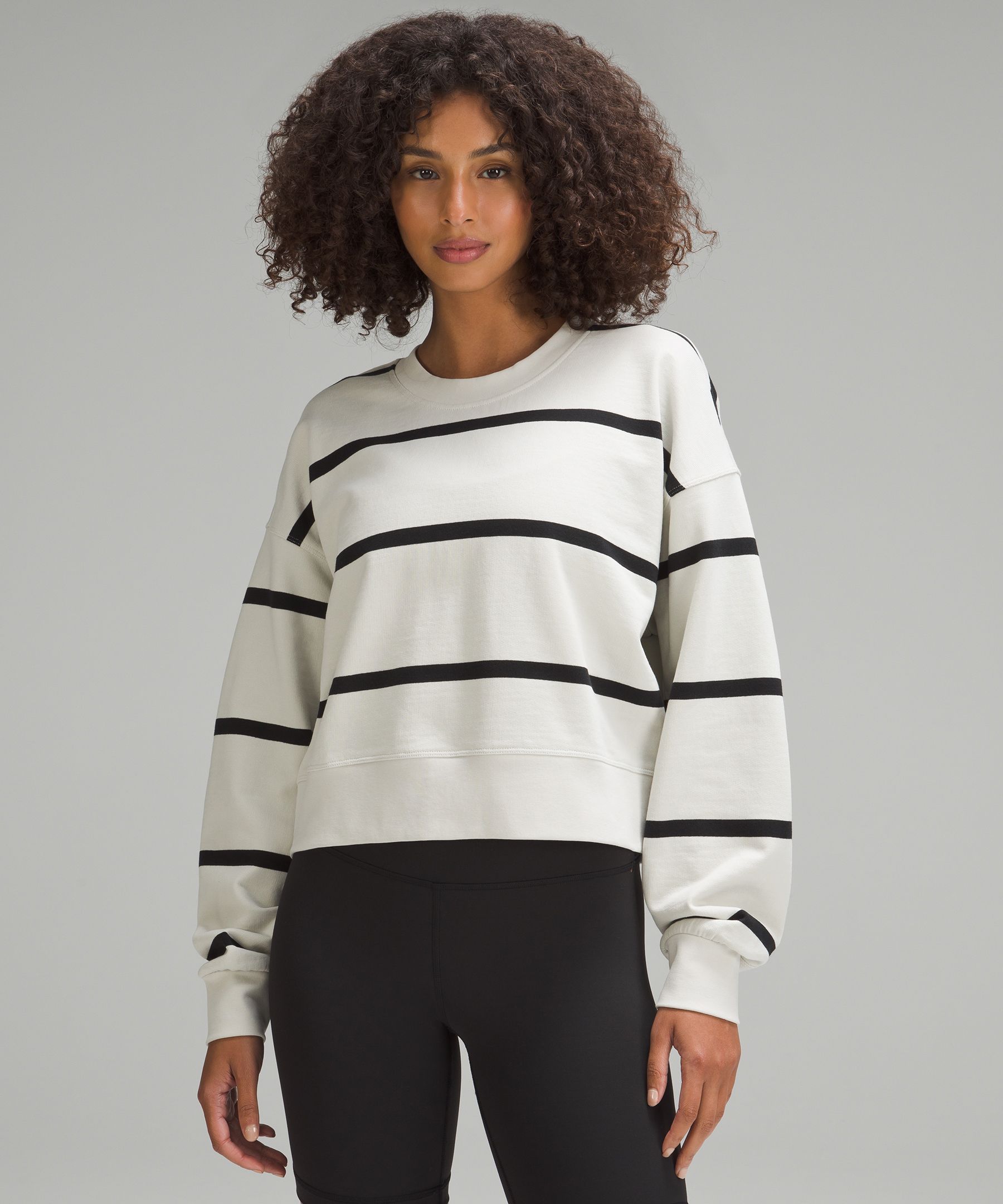 Perfectly Oversized Cropped Crew Stripe - White,Striped,Printed,Neutral