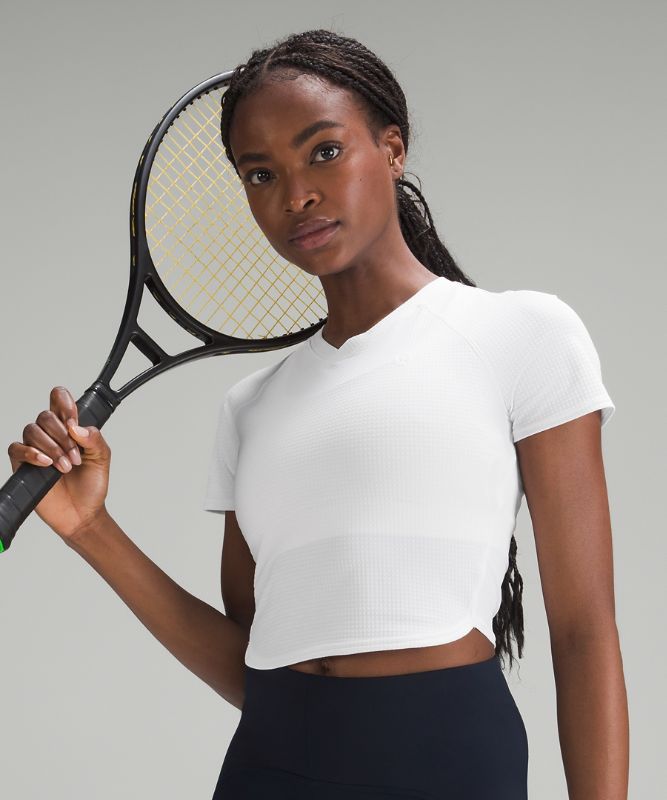 Grid-Texture Cropped Tennis Short-Sleeve Shirt