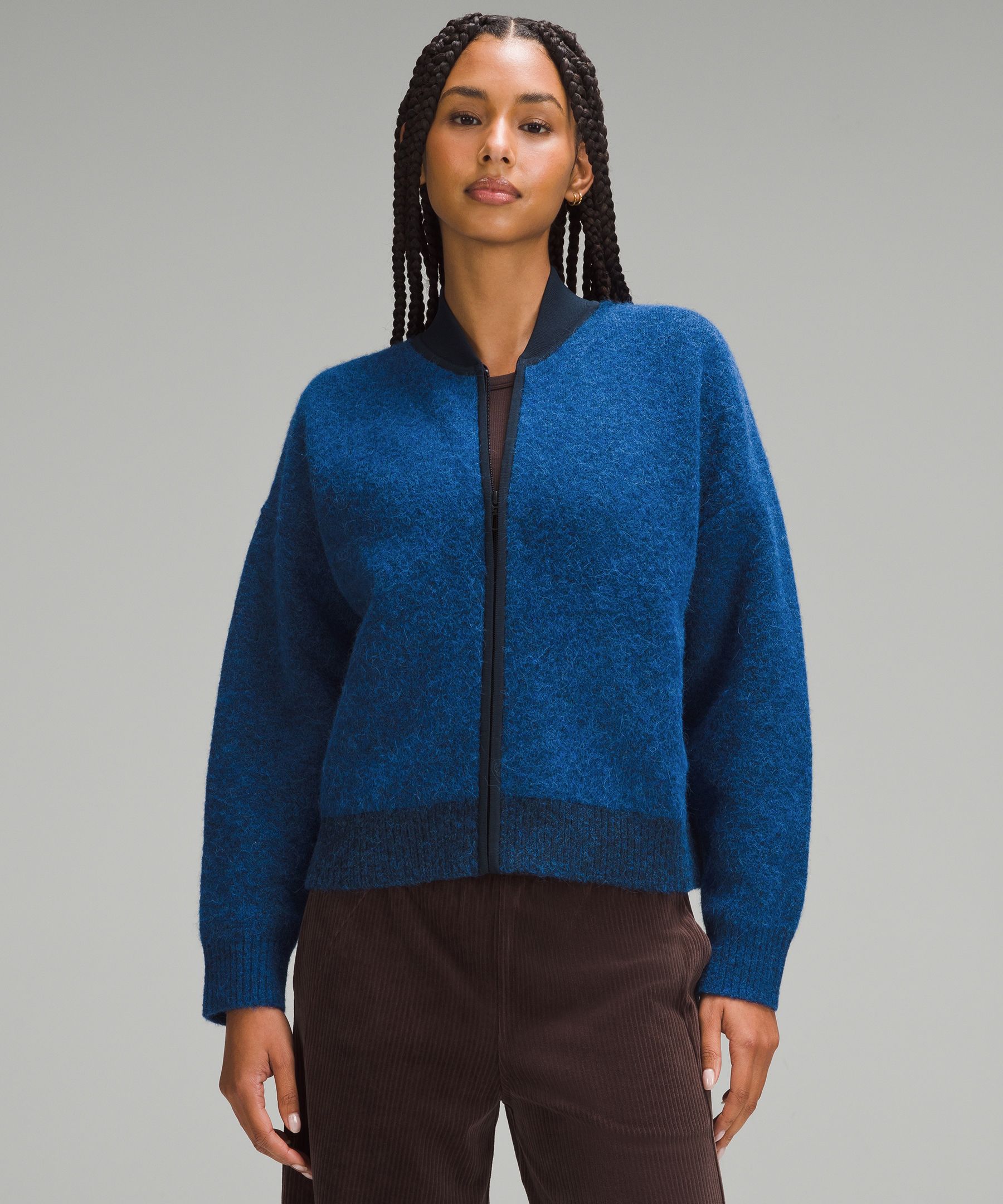 Alpaca Wool-Blend Knit Bomber Jacket, Women's Hoodies & Sweatshirts