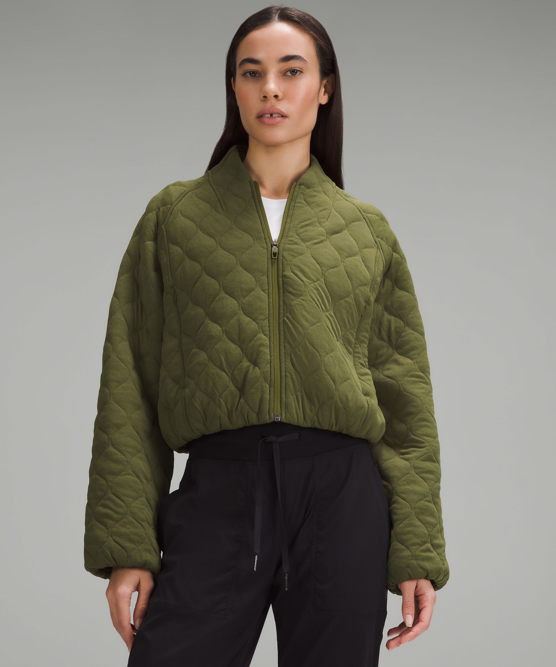 Green quilted 2025 bomber jacket womens