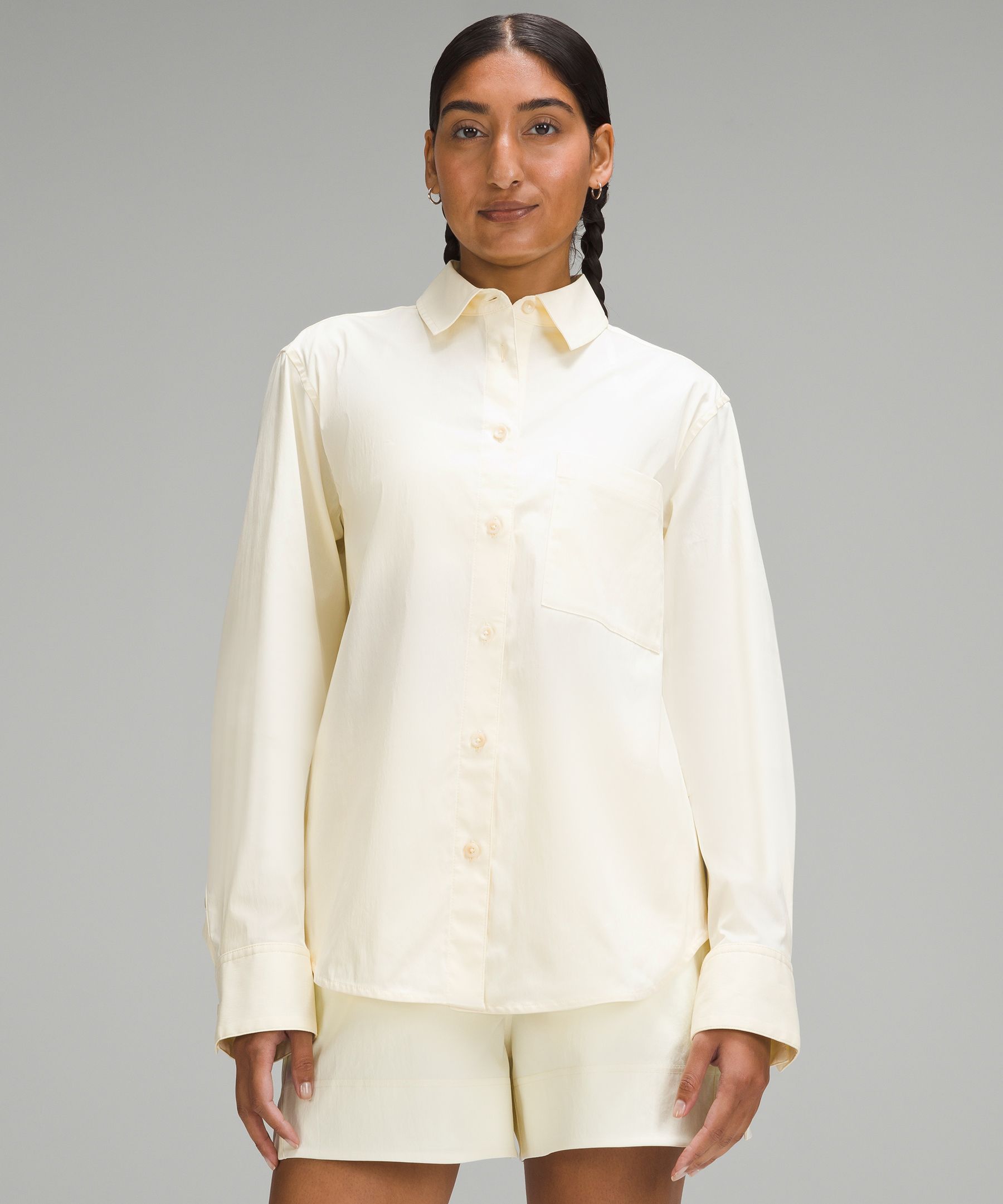 Lululemon Relaxed-fit Cotton-blend Poplin Button-down Shirt In Neutral