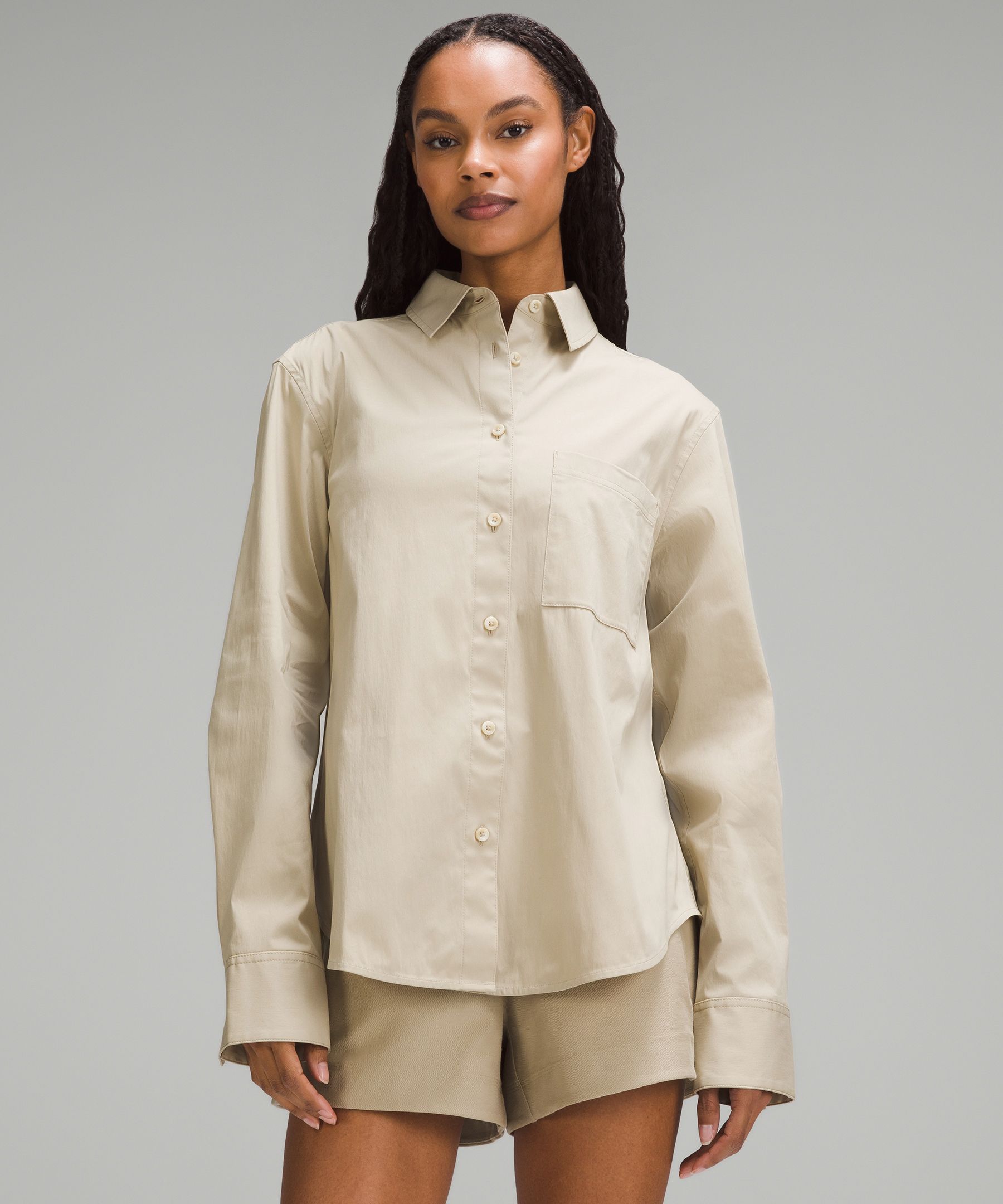 Shop Lululemon Relaxed-fit Cotton-blend Poplin Button-down Shirt