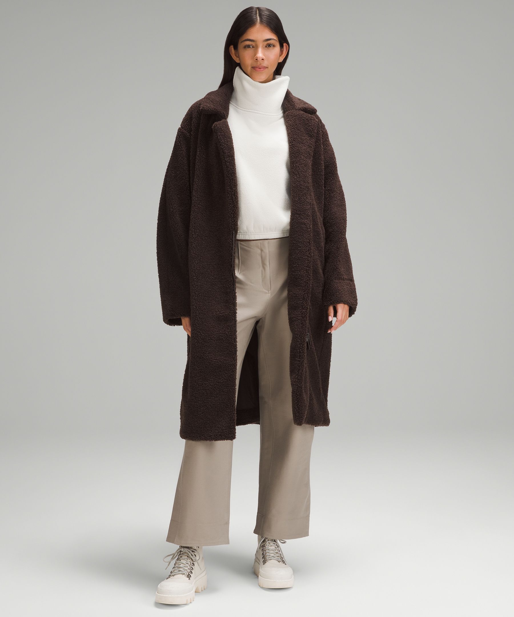 Textured Fleece Long Collared Jacket, Women's Hoodies & Sweatshirts