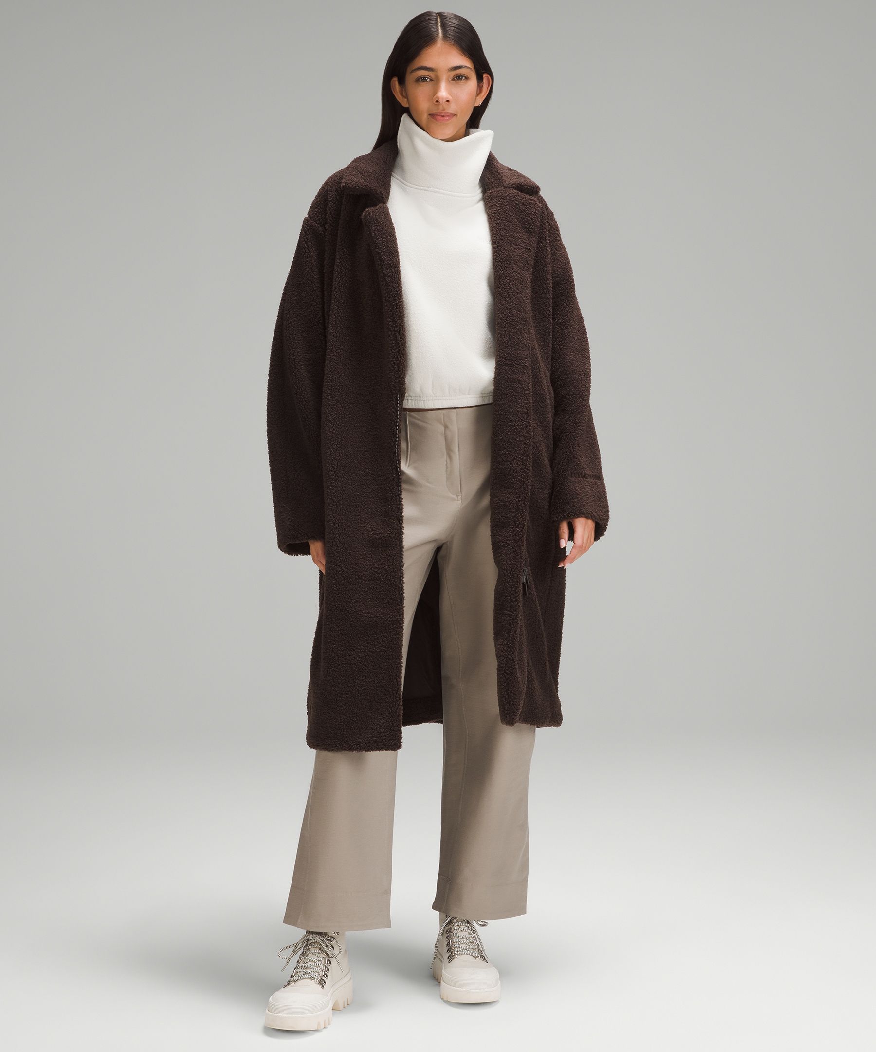 Textured Fleece Long Collared Jacket