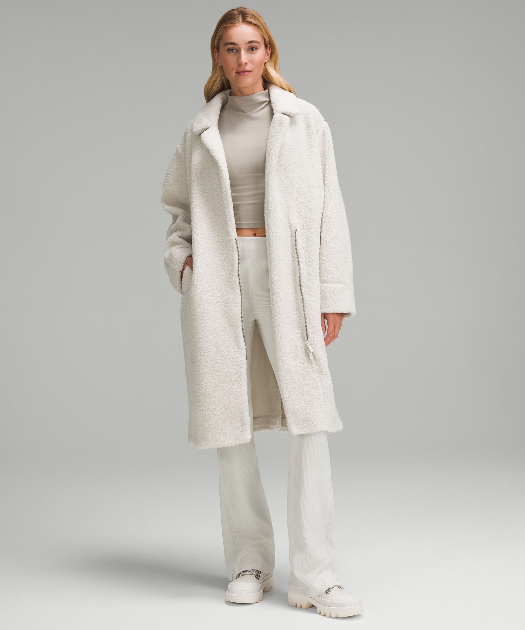 Long Textured Fleece Jacket, White Opal