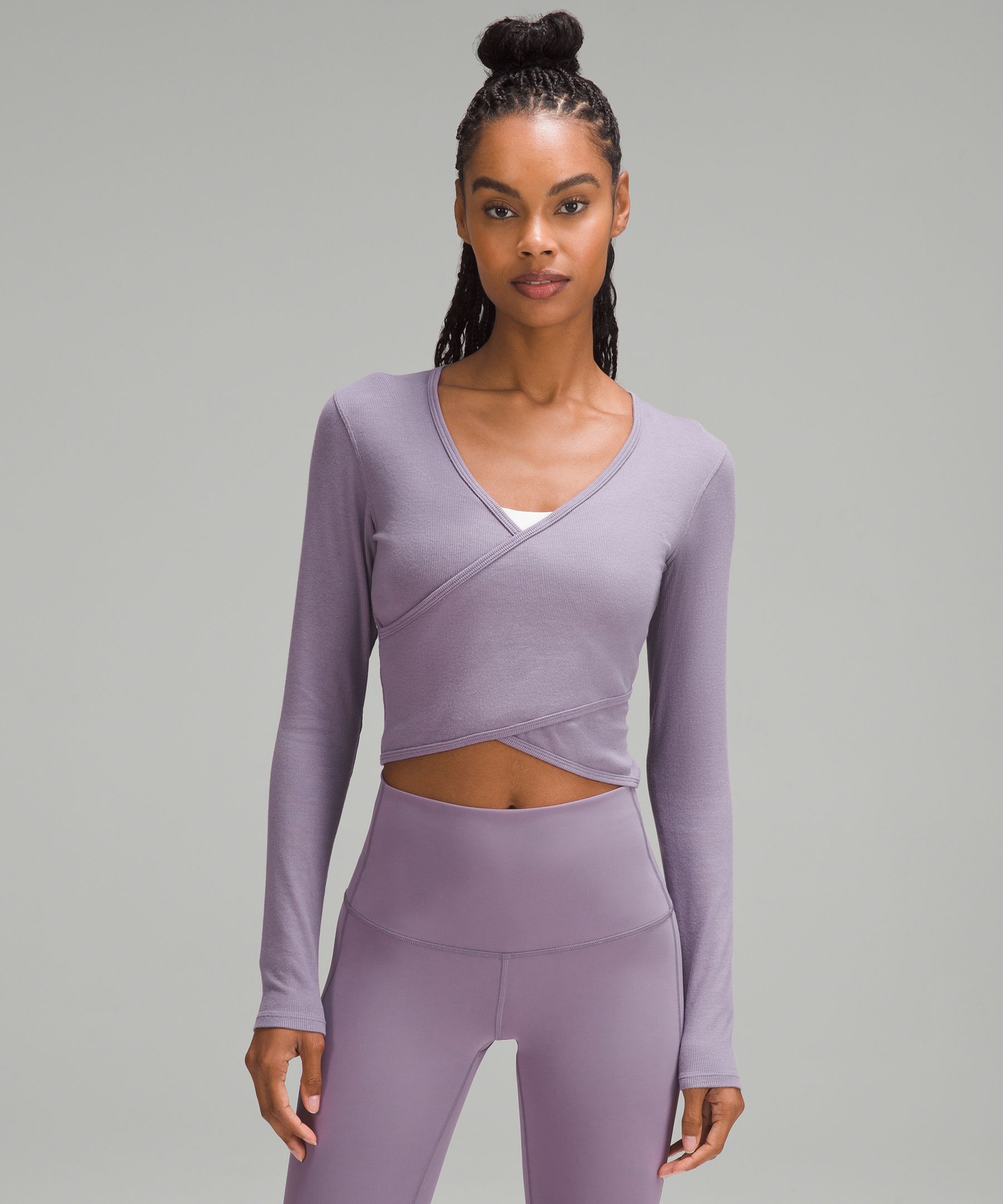 Wrap-Front Ribbed Long-Sleeve Top