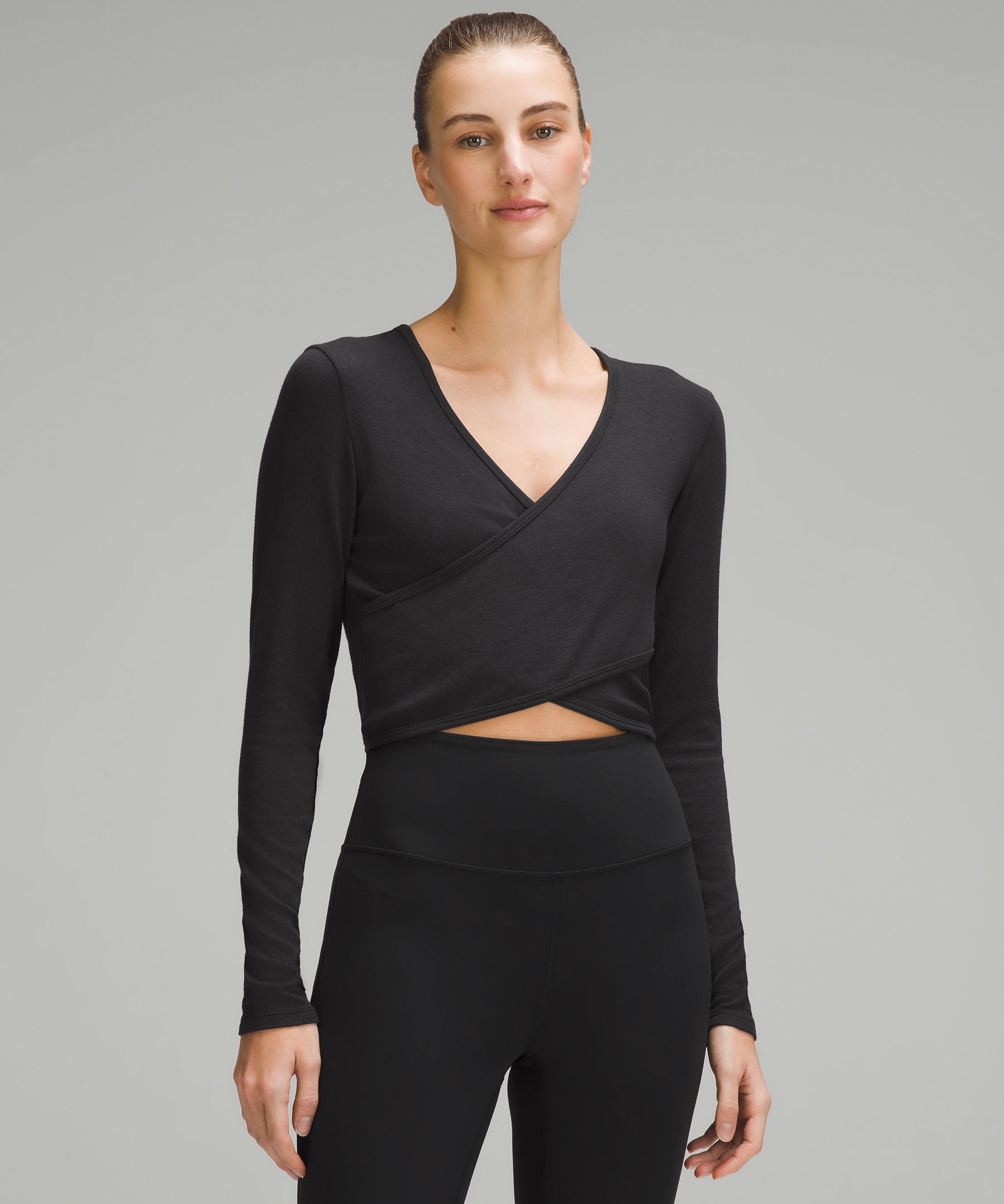 Wrap-Front Ribbed Long-Sleeve Top