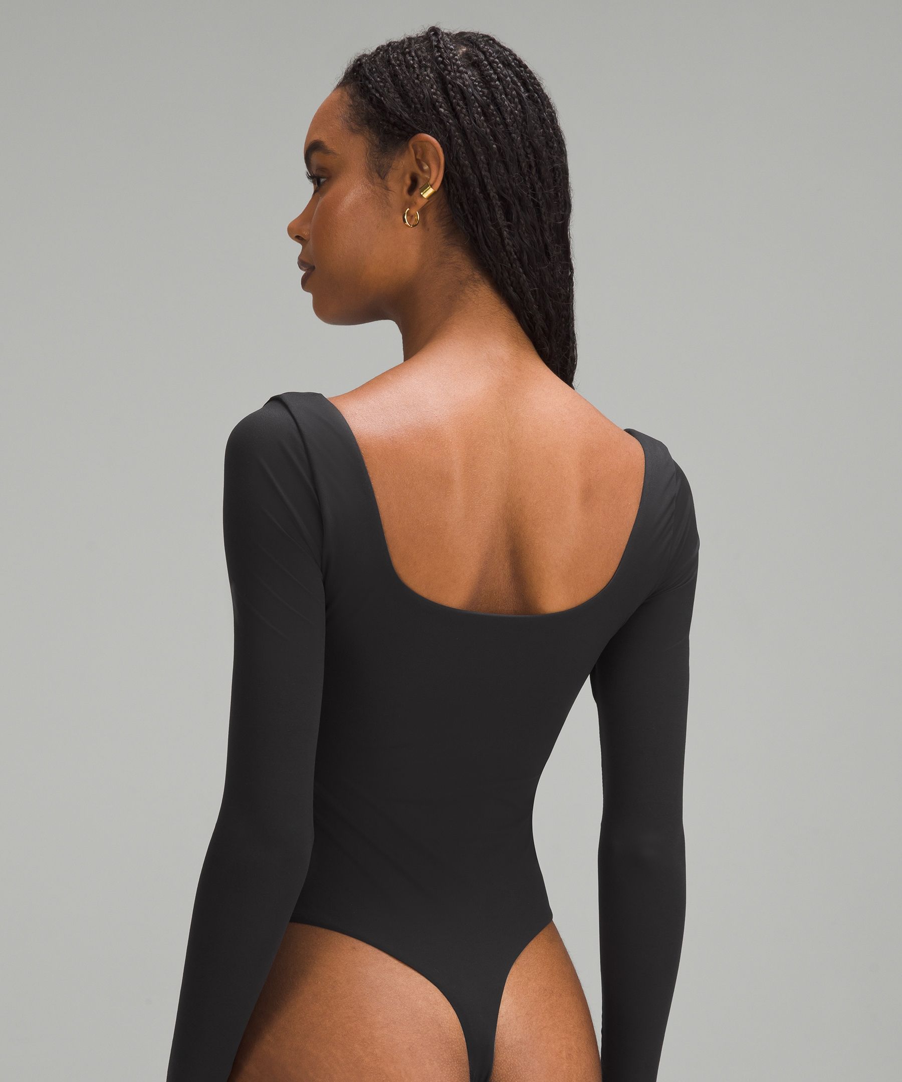 Plus Black Square Neck Long Sleeve Thong Bodysuit