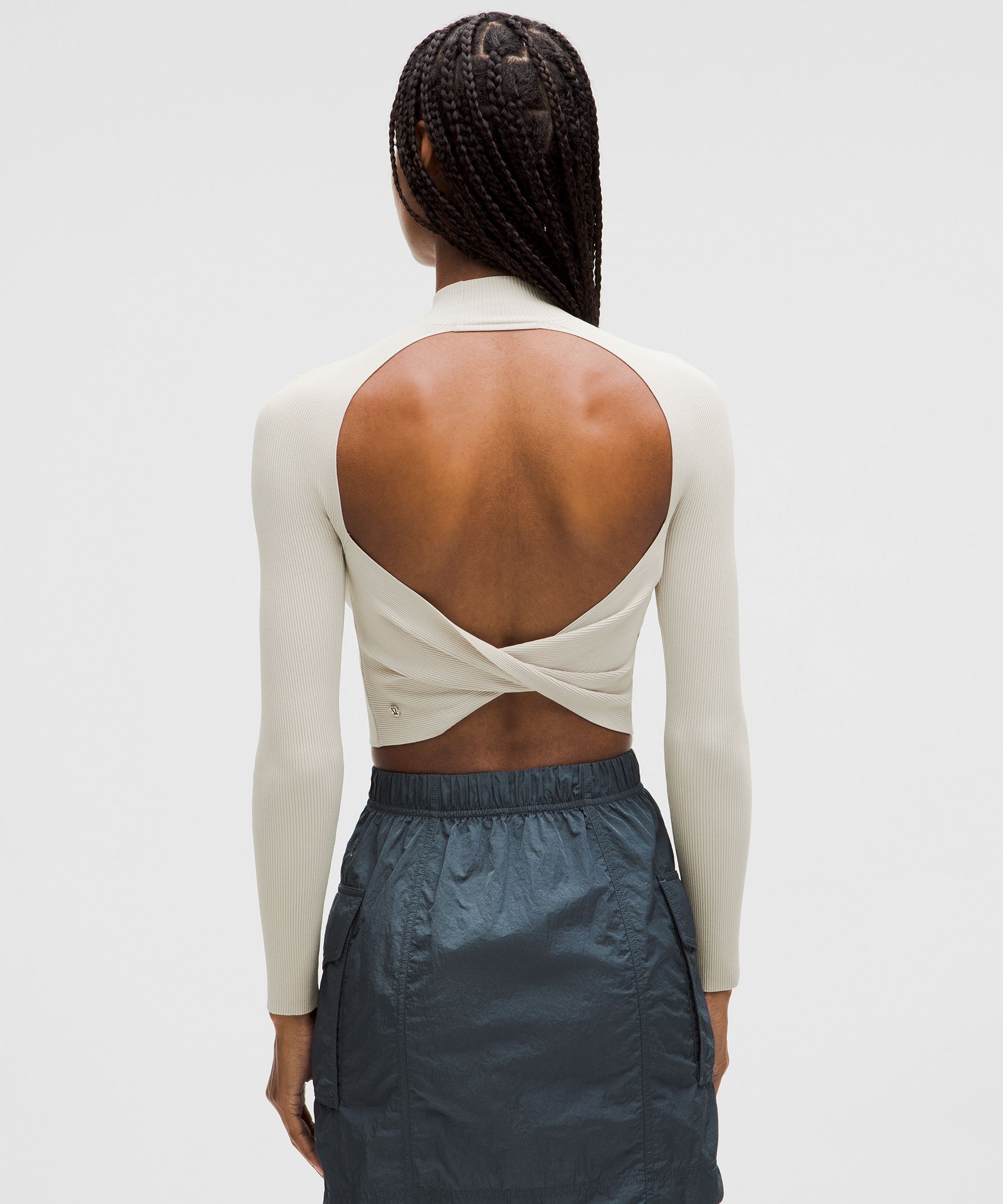 Shop Lululemon Ribbed-knit Twist-back Mockneck Sweater