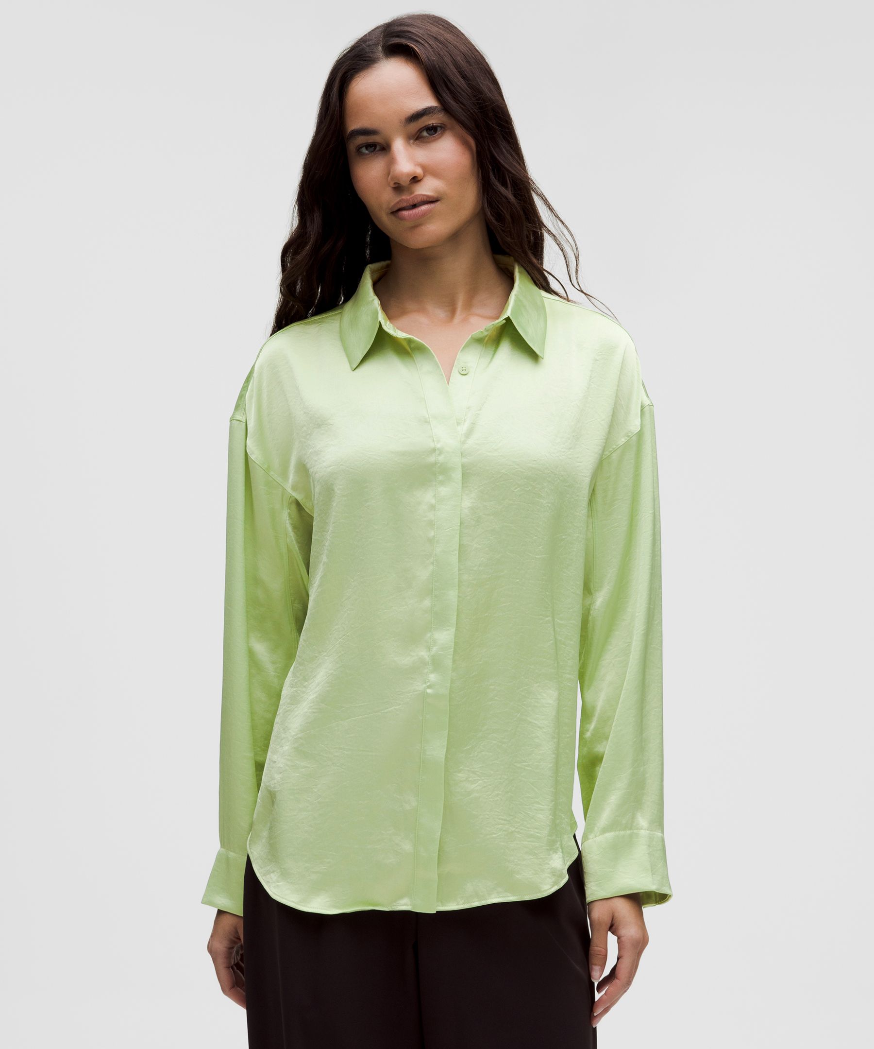 Logo Charm Satin Collared Long-Sleeve Shirt