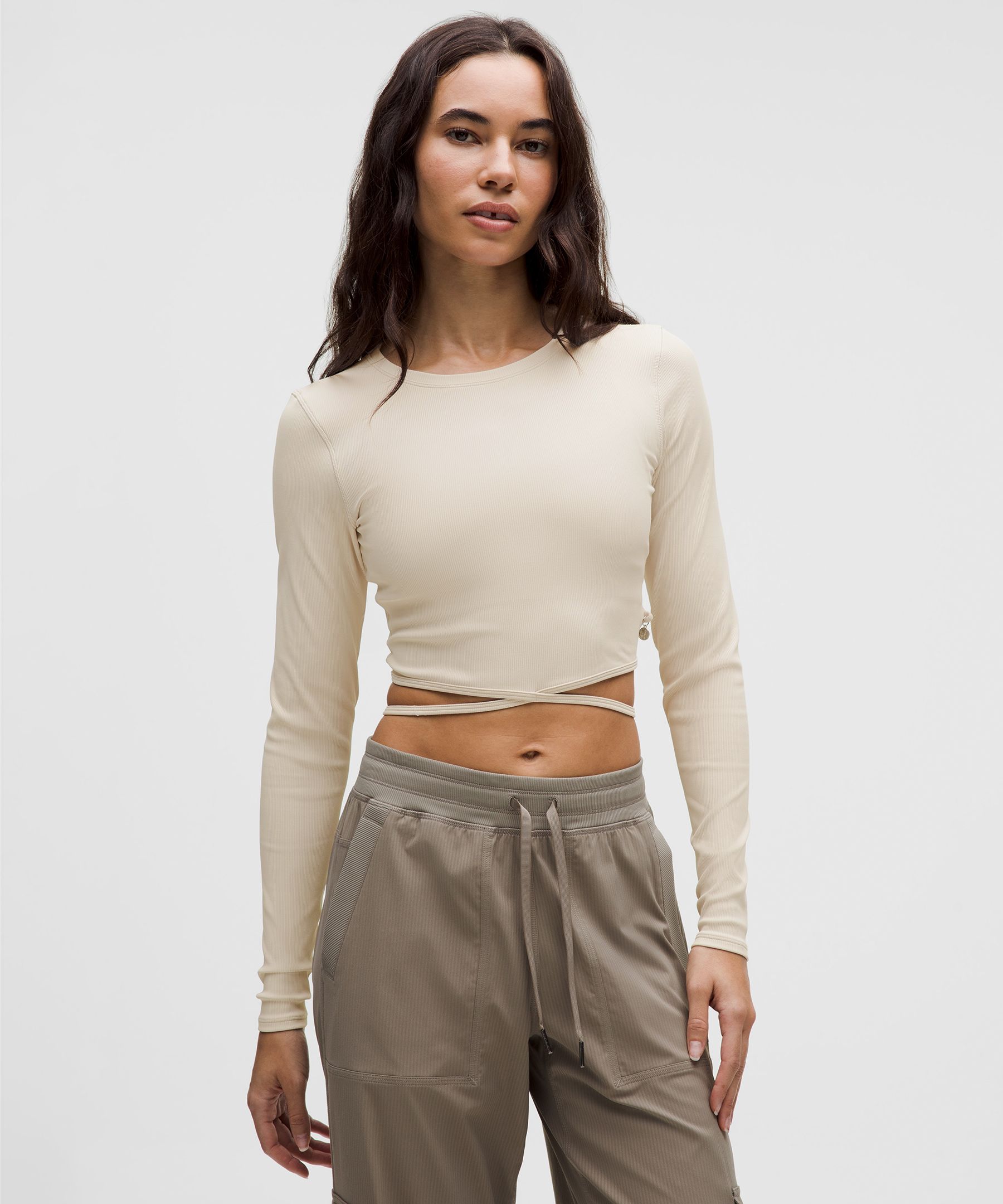 Logo Charm Ribbed Waist-Tie Long-Sleeve Shirt