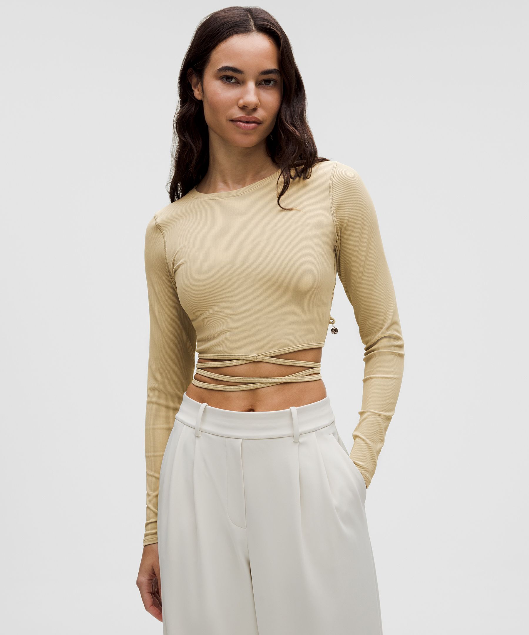 Logo Charm Ribbed Waist-Tie Long-Sleeve Shirt - Khaki
