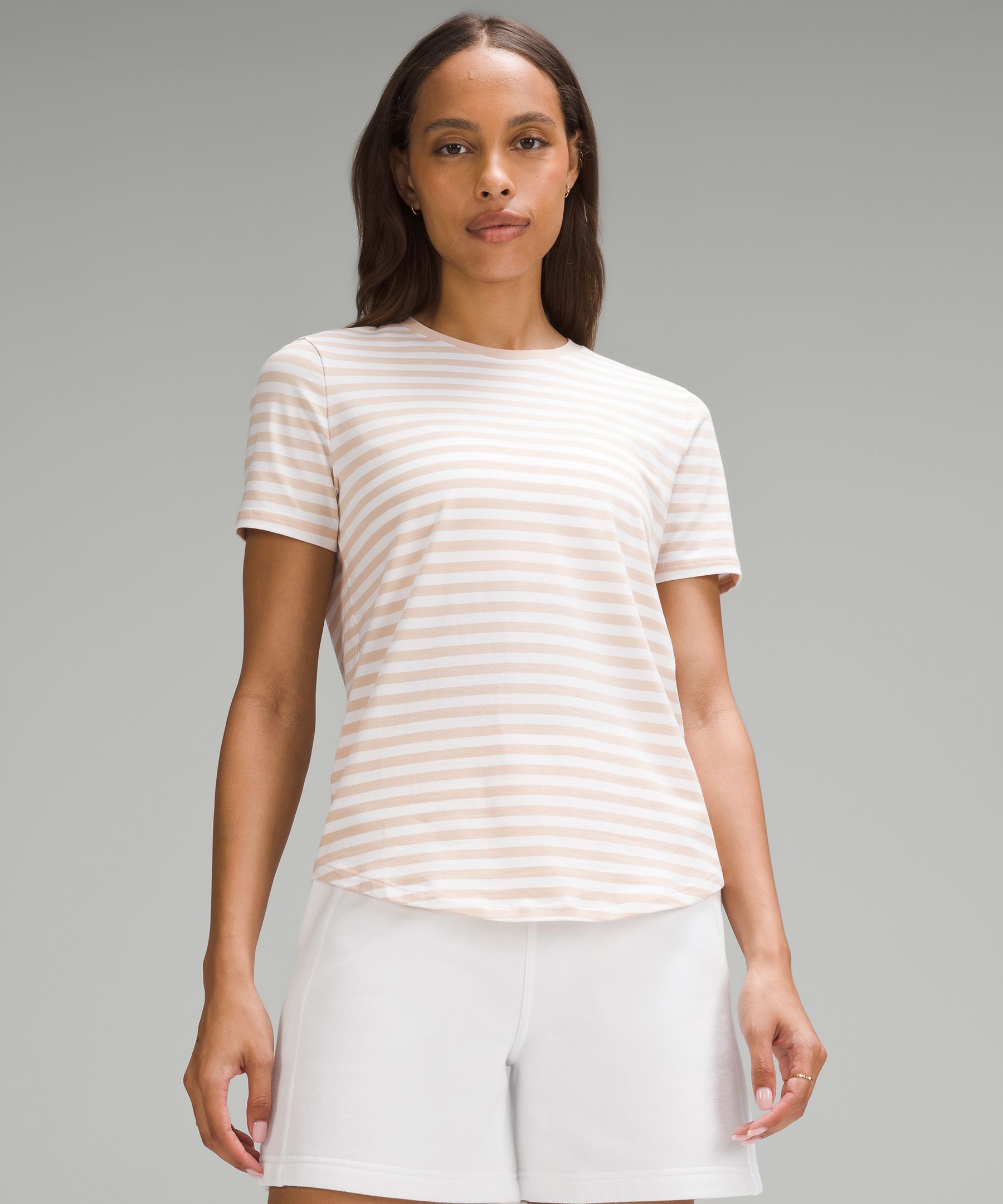 Love Curved-Hem Crewneck T-Shirt - Khaki,White,Striped,Printed,Neutral