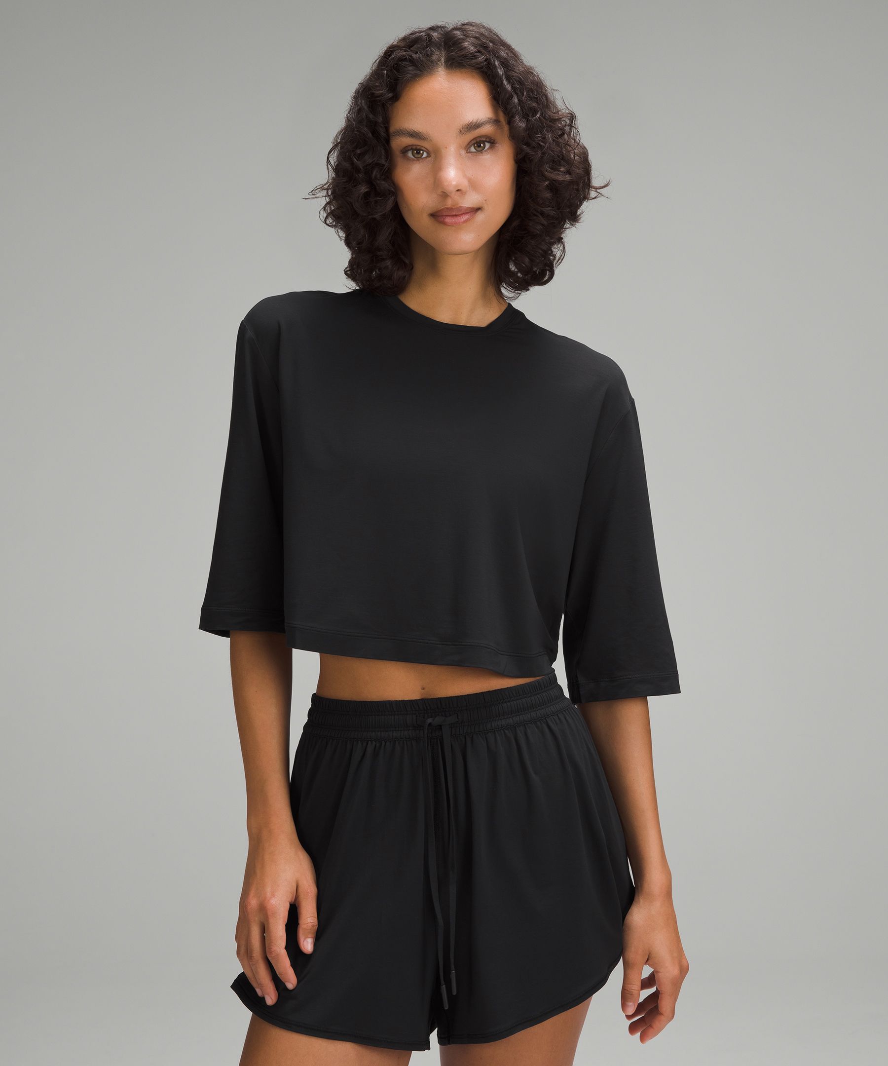 Modal Relaxed-Fit Cropped Short-Sleeve Shirt - Black,Neutral