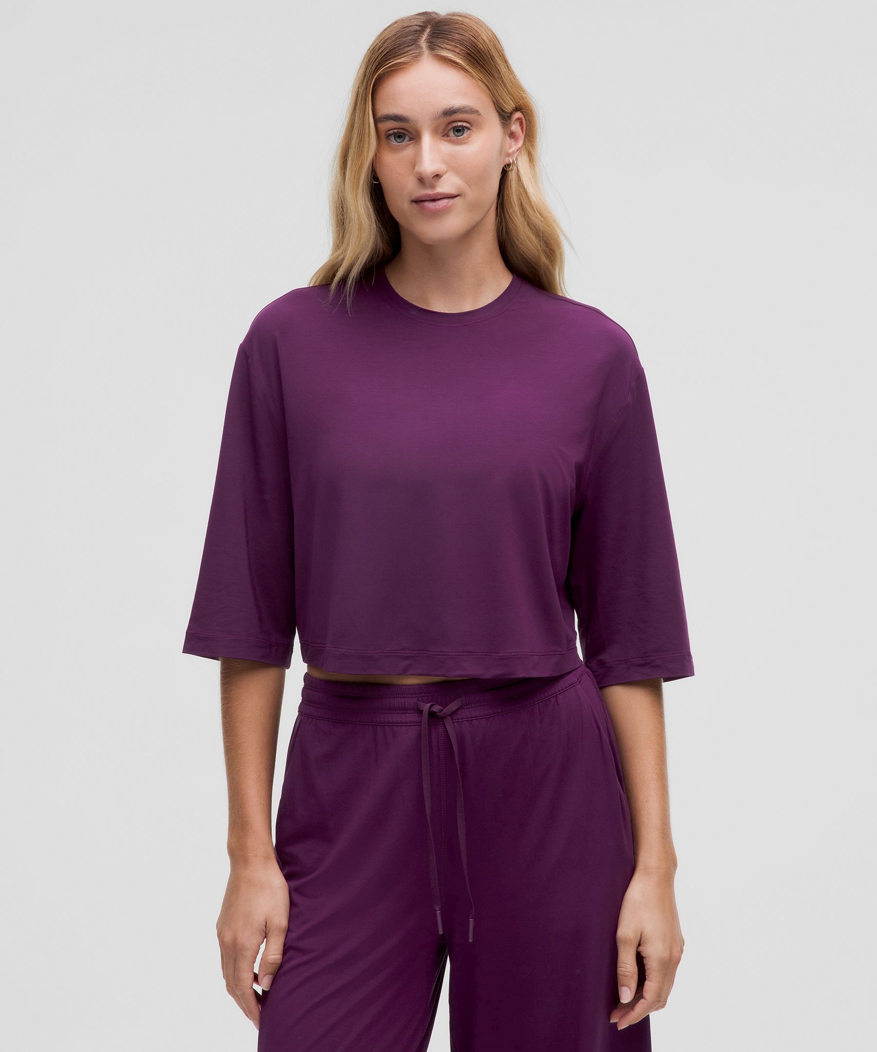 Modal Relaxed-Fit Cropped Short-Sleeve Shirt - Purple