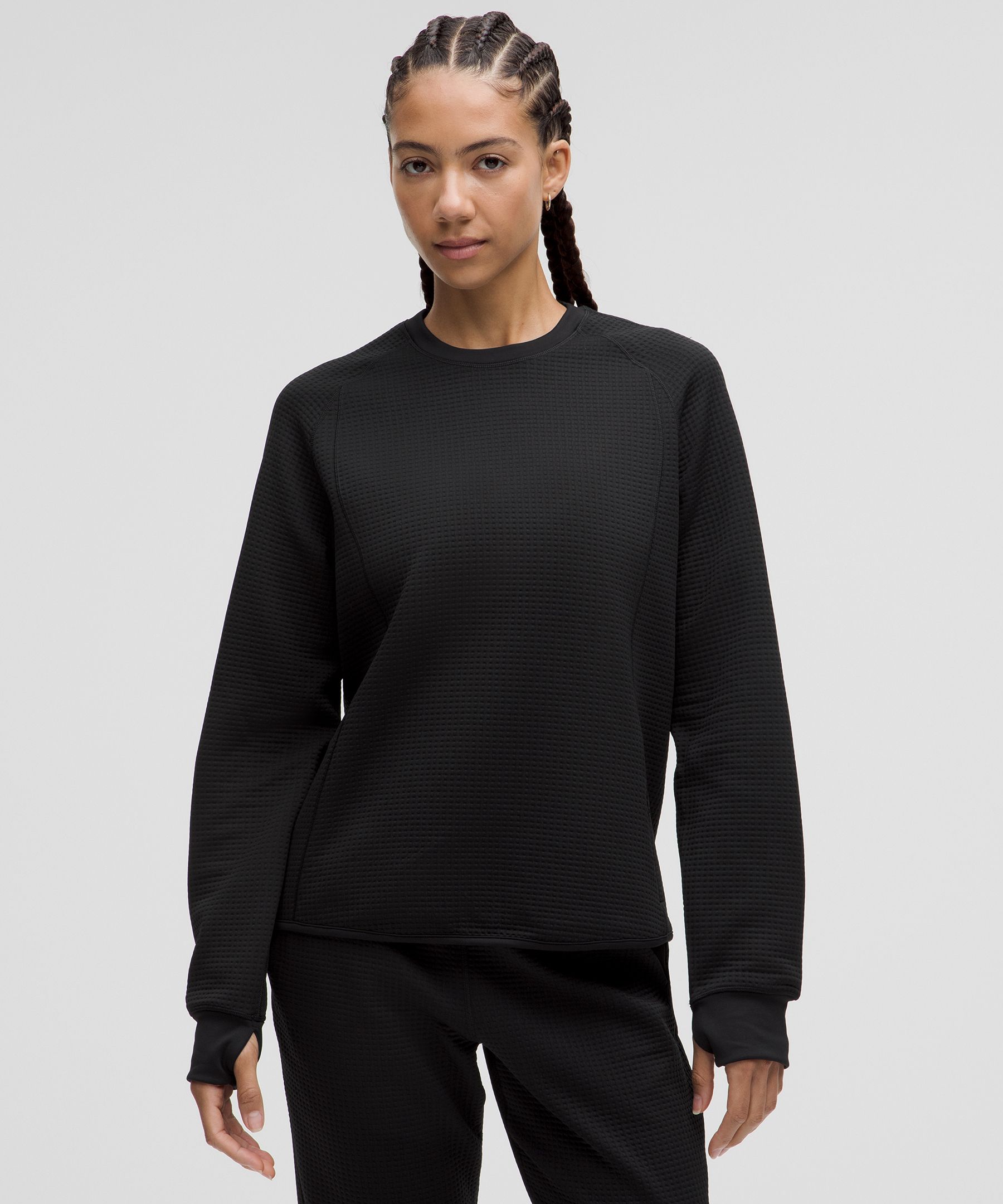 Waffle-Knit Crewneck Long-Sleeve Shirt - Black,Neutral