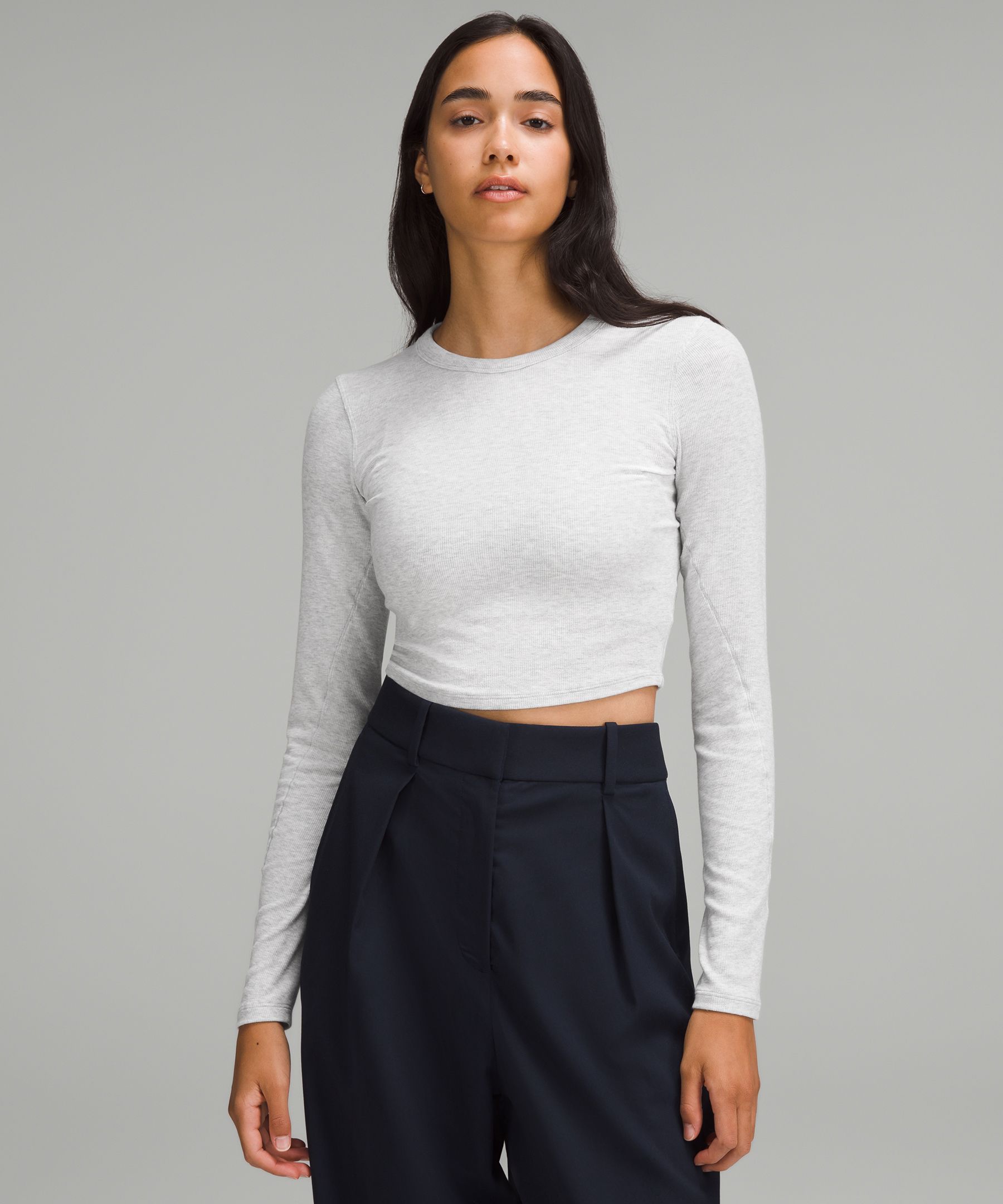 Hold Tight Straight-Hem Cropped Long-Sleeve Shirt - Grey