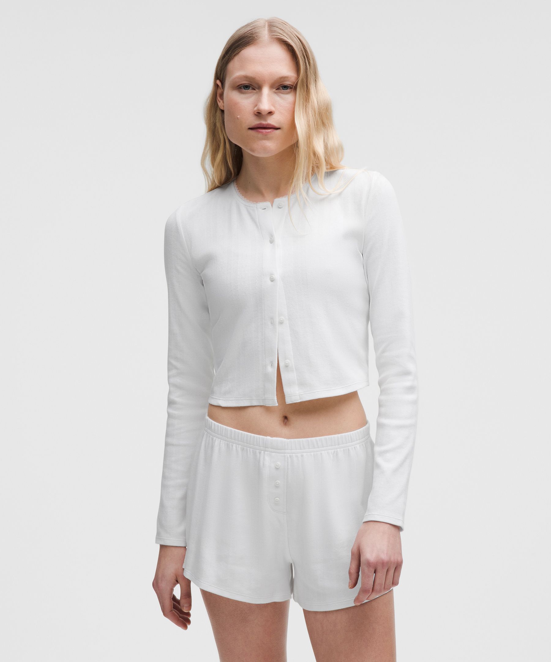 Cotton Pointelle Cropped Button Shirt - White,Neutral