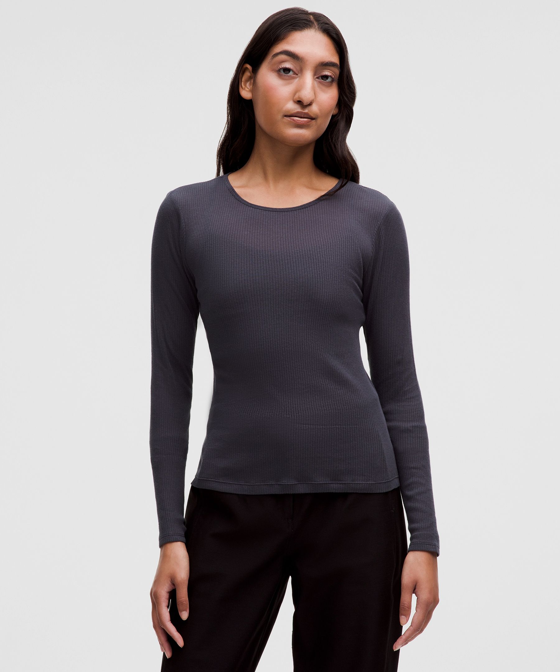 Sheer Cotton Ribbed Crewneck Long-Sleeve Shirt