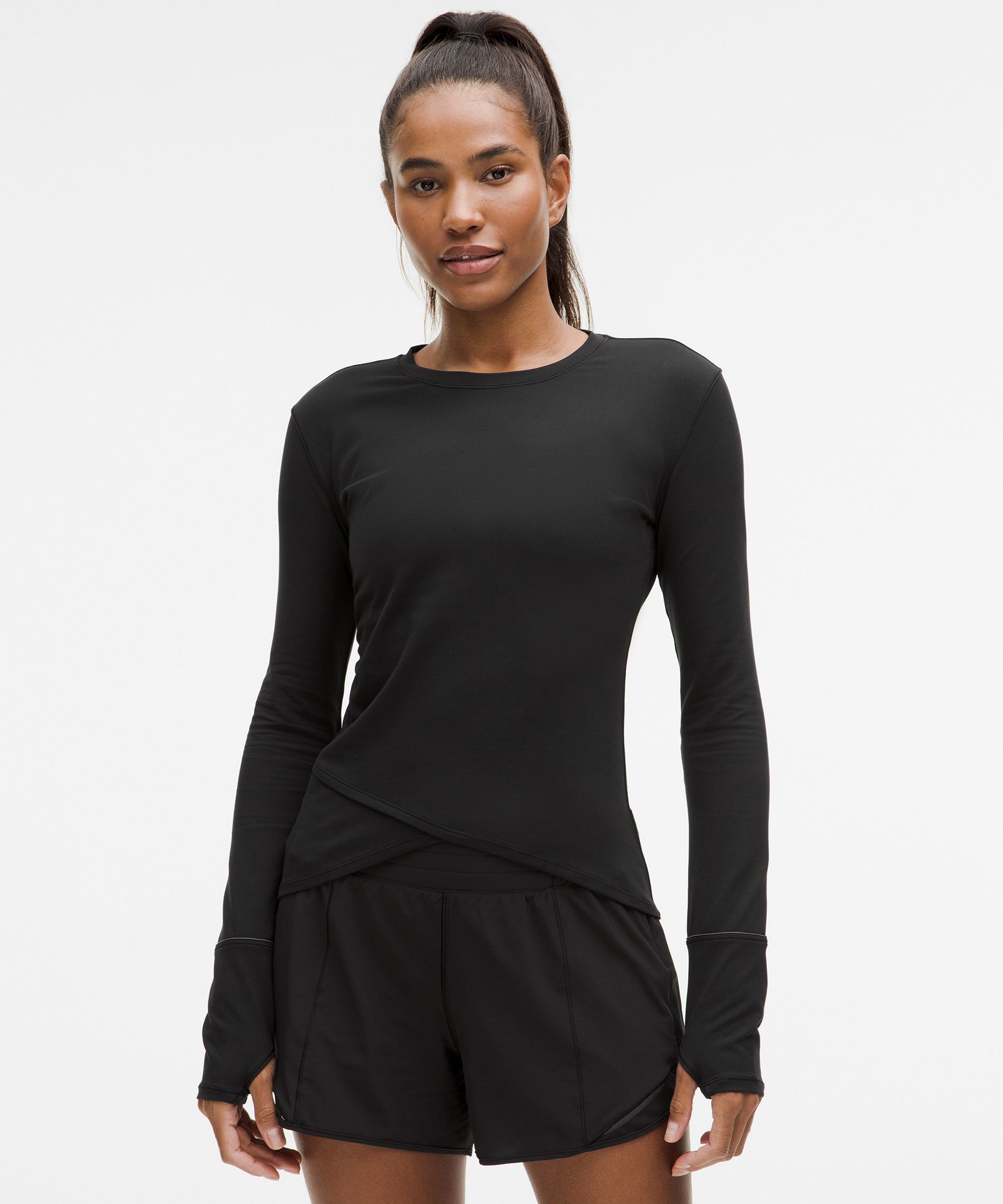 Rulu Gathered-Waist Long-Sleeve Running Top - Black,Neutral