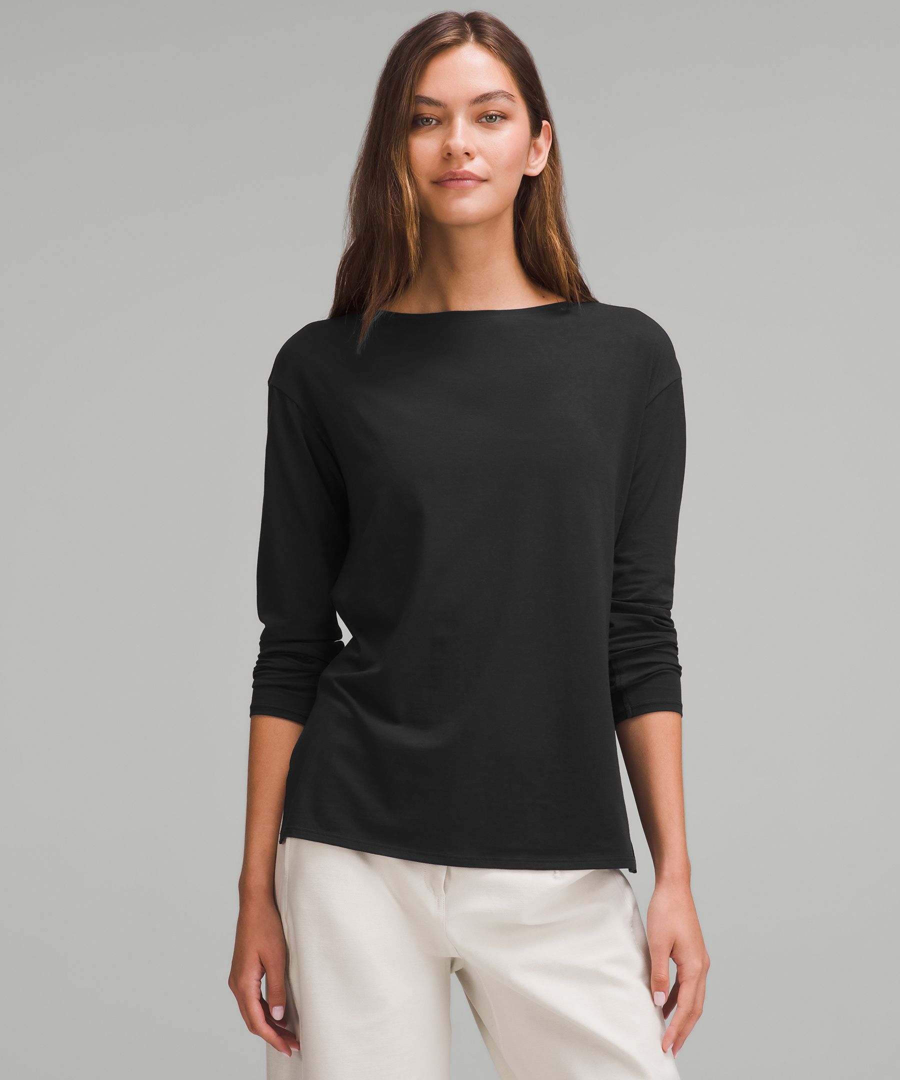 Relaxed-Fit Boatneck Long-Sleeve Shirt - Black,Neutral