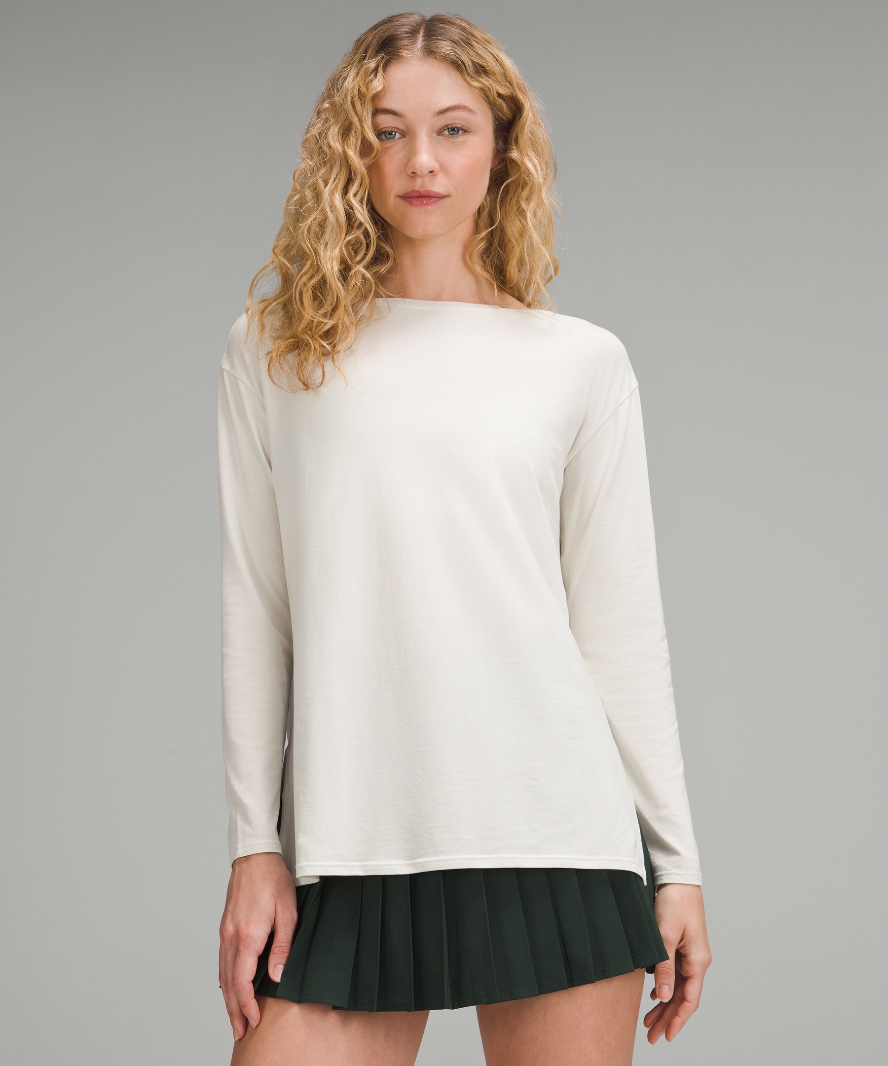 Relaxed-Fit Boatneck Long-Sleeve Shirt - White,Neutral