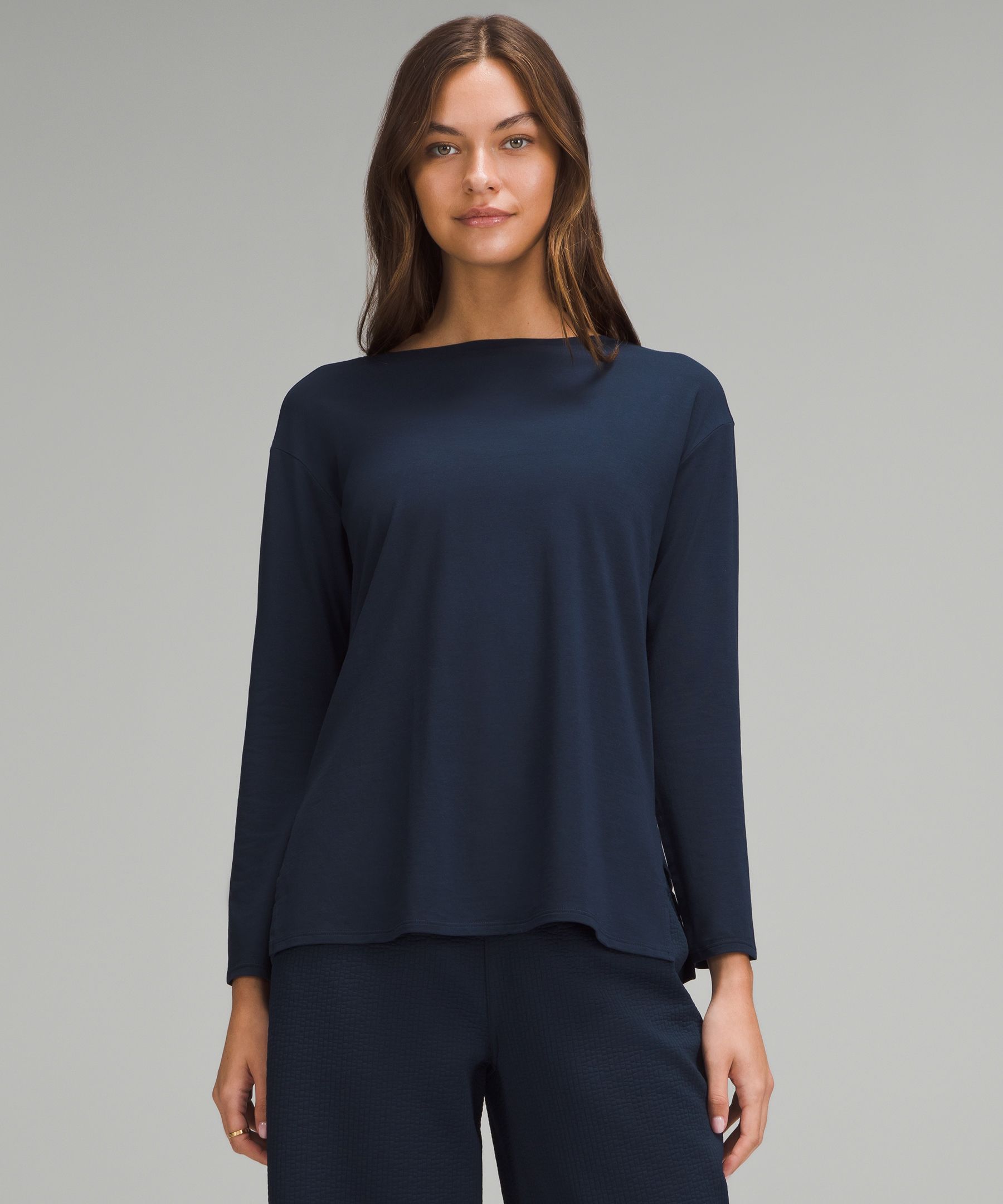 Relaxed-Fit Boatneck Long-Sleeve Shirt - Navy,Blue