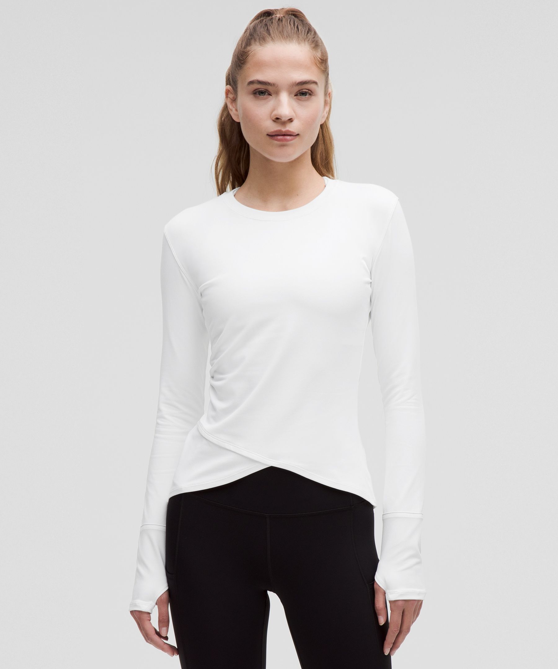 Rulu Gathered-Waist Long-Sleeve Running Top - White,Neutral