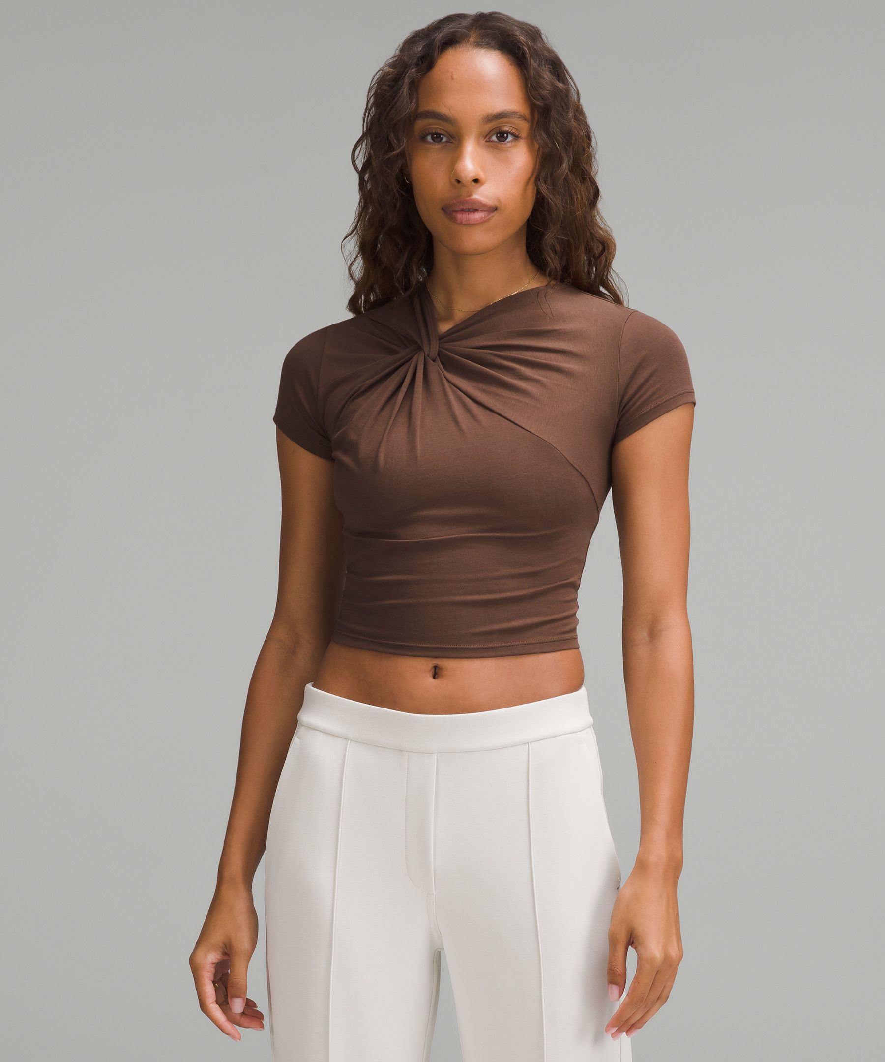 Asymmetrical Front-Twist T-Shirt - Brown