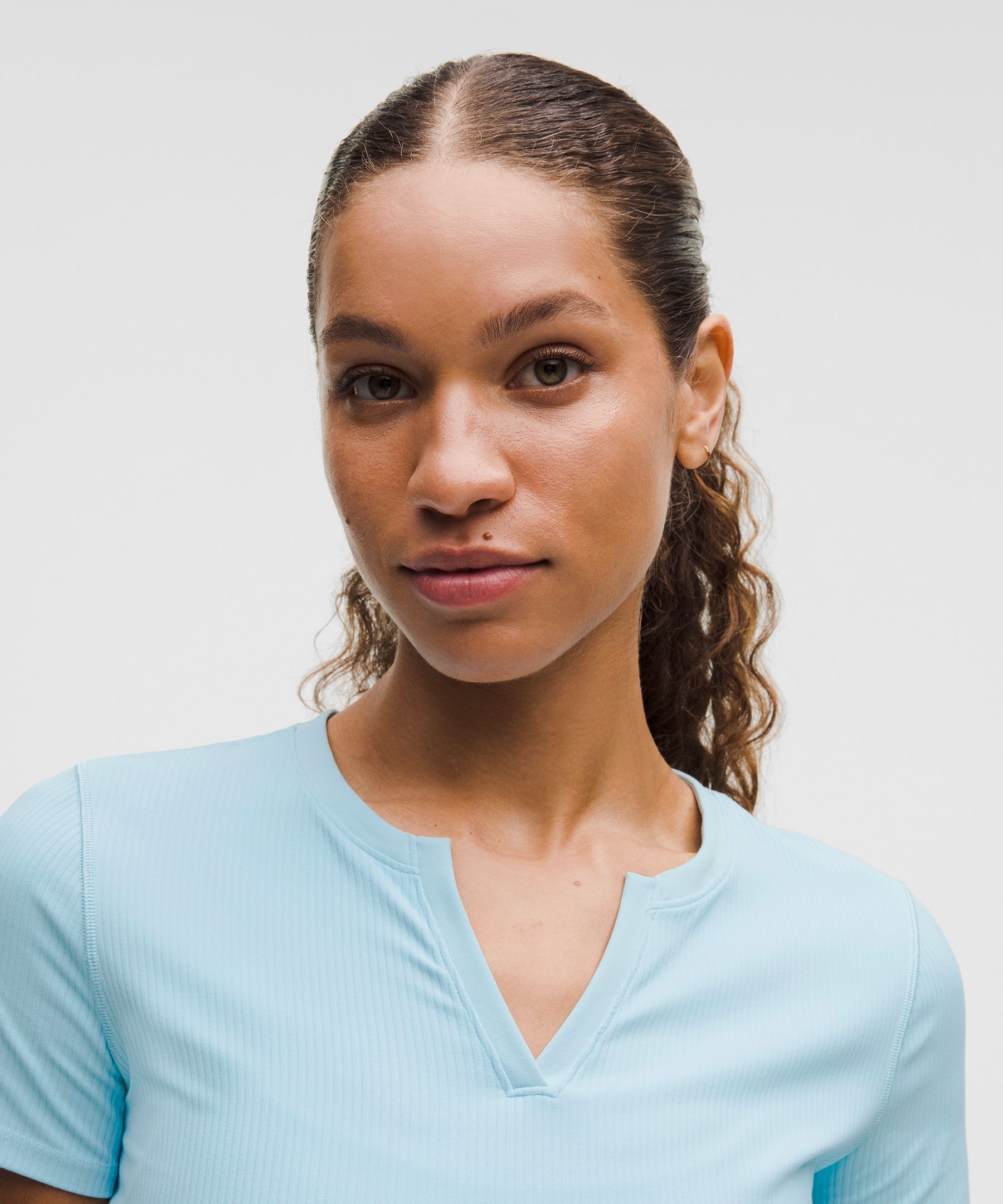 Ribbed Nulu Split-Neck Short-Sleeve Shirt