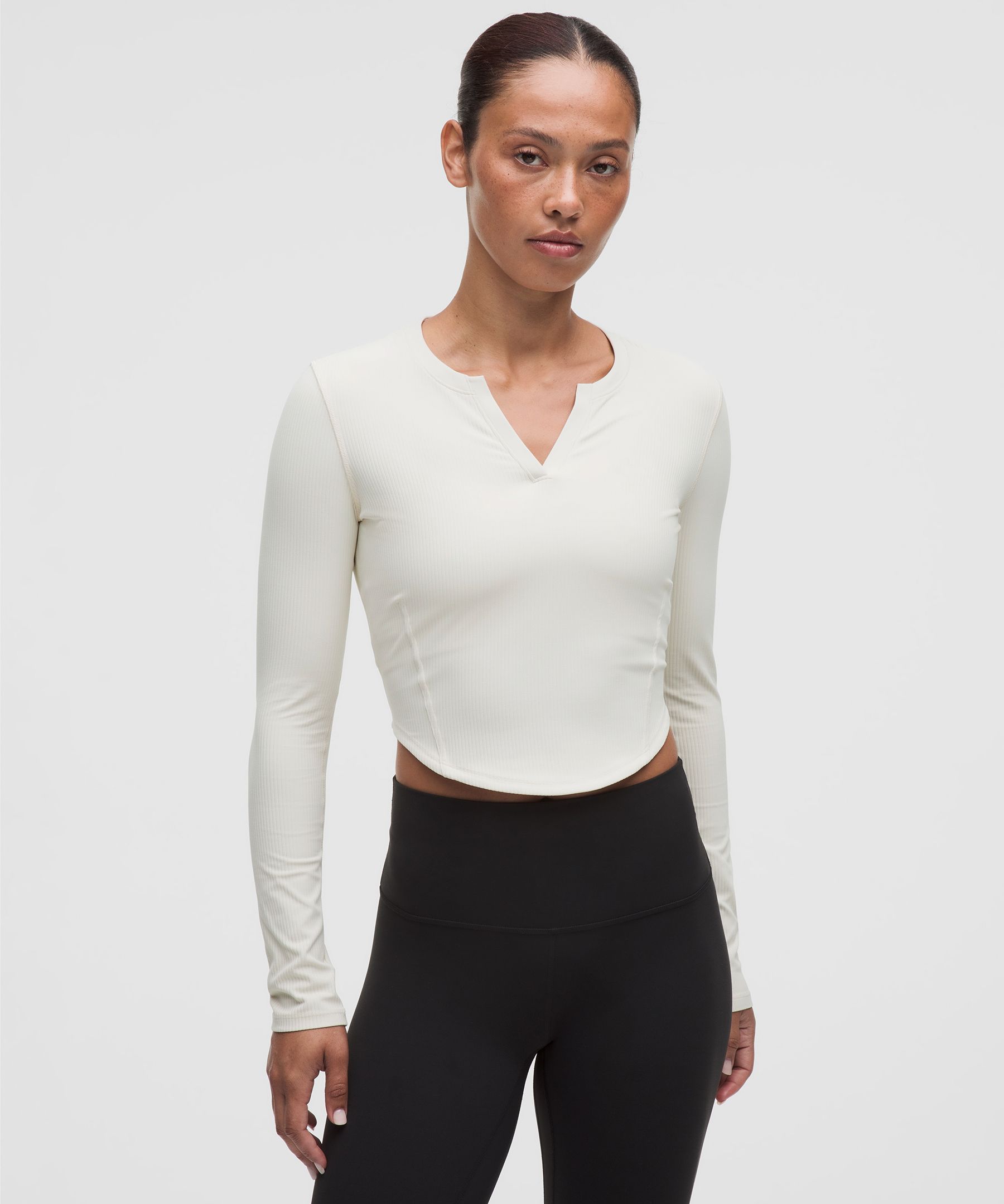 Ribbed Nulu Split-Neck Long-Sleeve Shirt