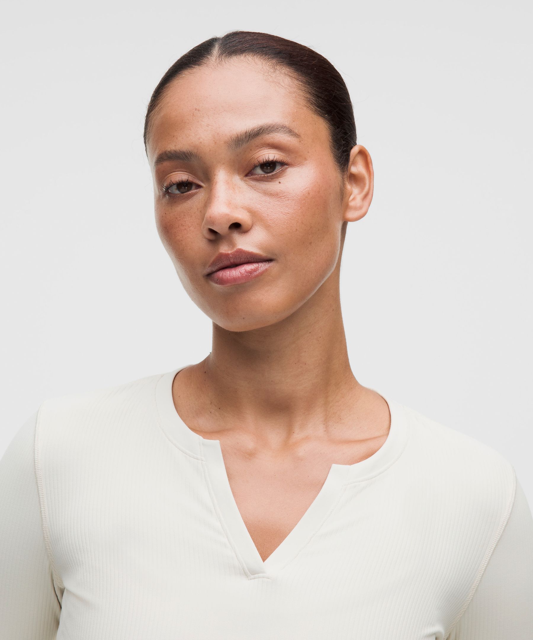 Ribbed Nulu Split-Neck Long-Sleeve Shirt