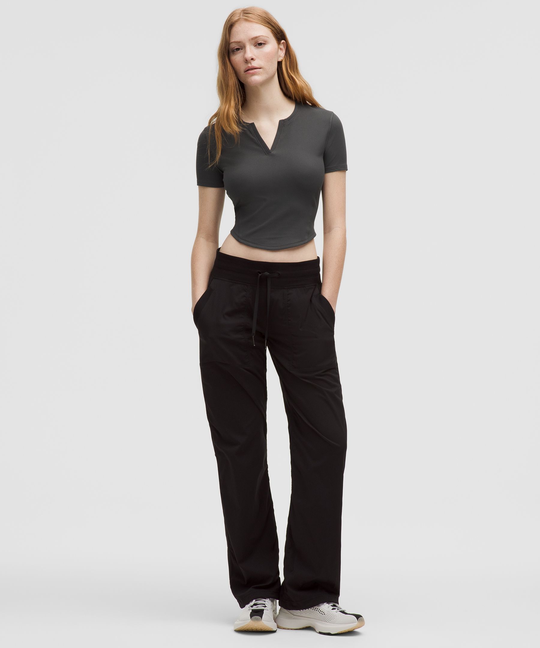 Ribbed Nulu Split-Neck Short-Sleeve Shirt
