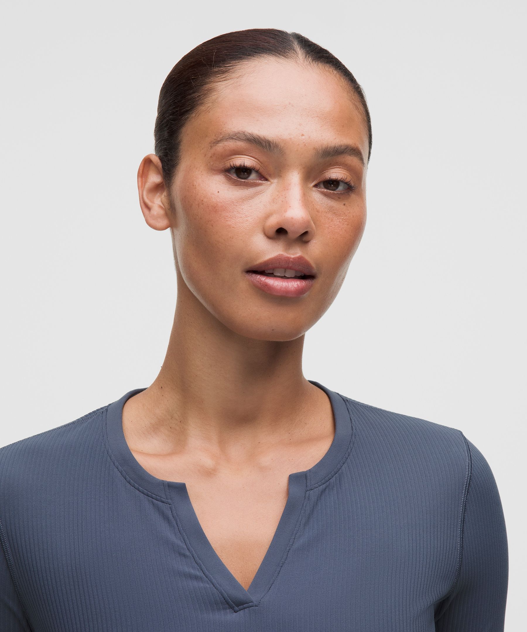 Ribbed Nulu Split-Neck Long-Sleeve Shirt