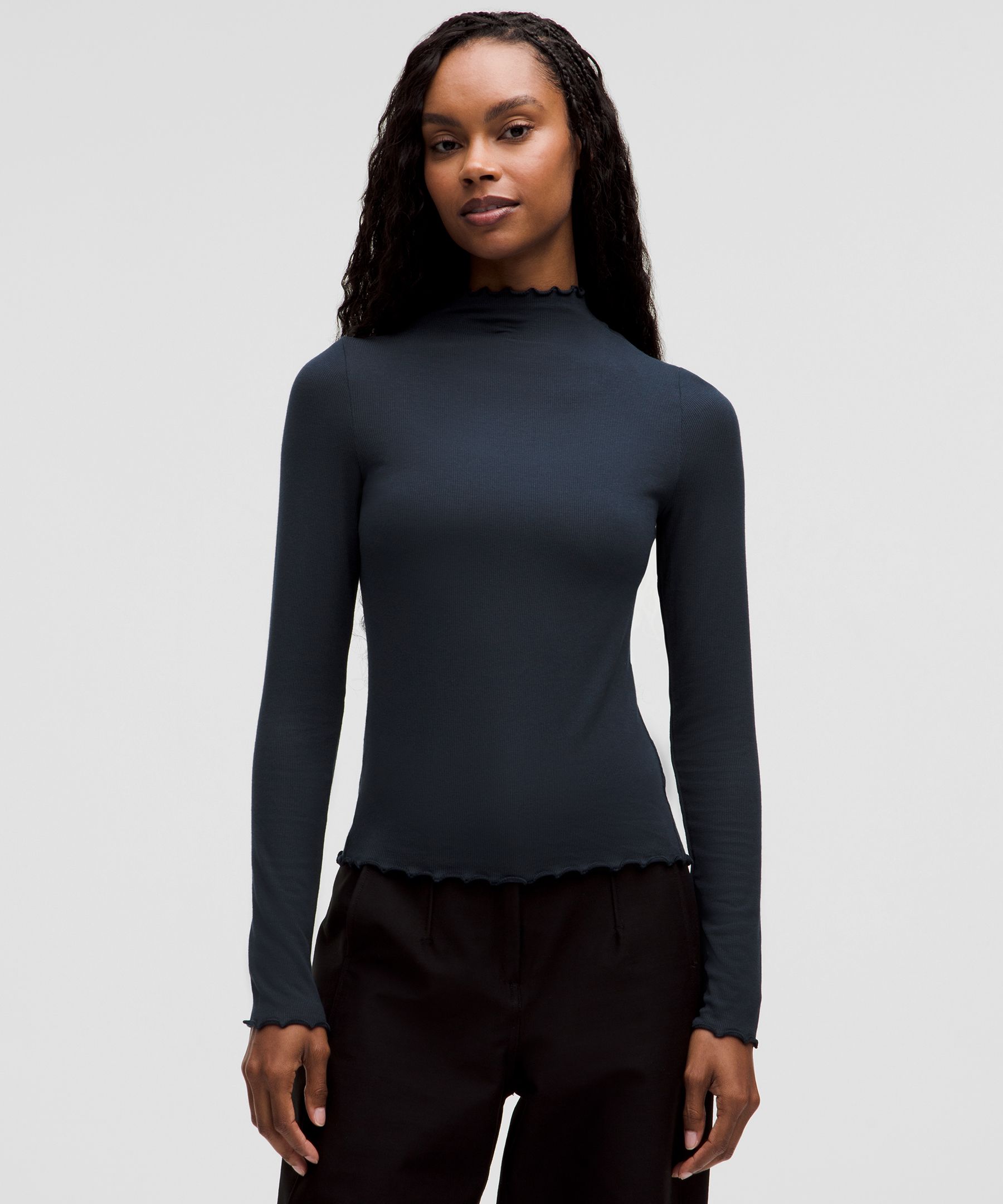 Hold Tight Lettuce-Edge Turtleneck - Navy,Blue