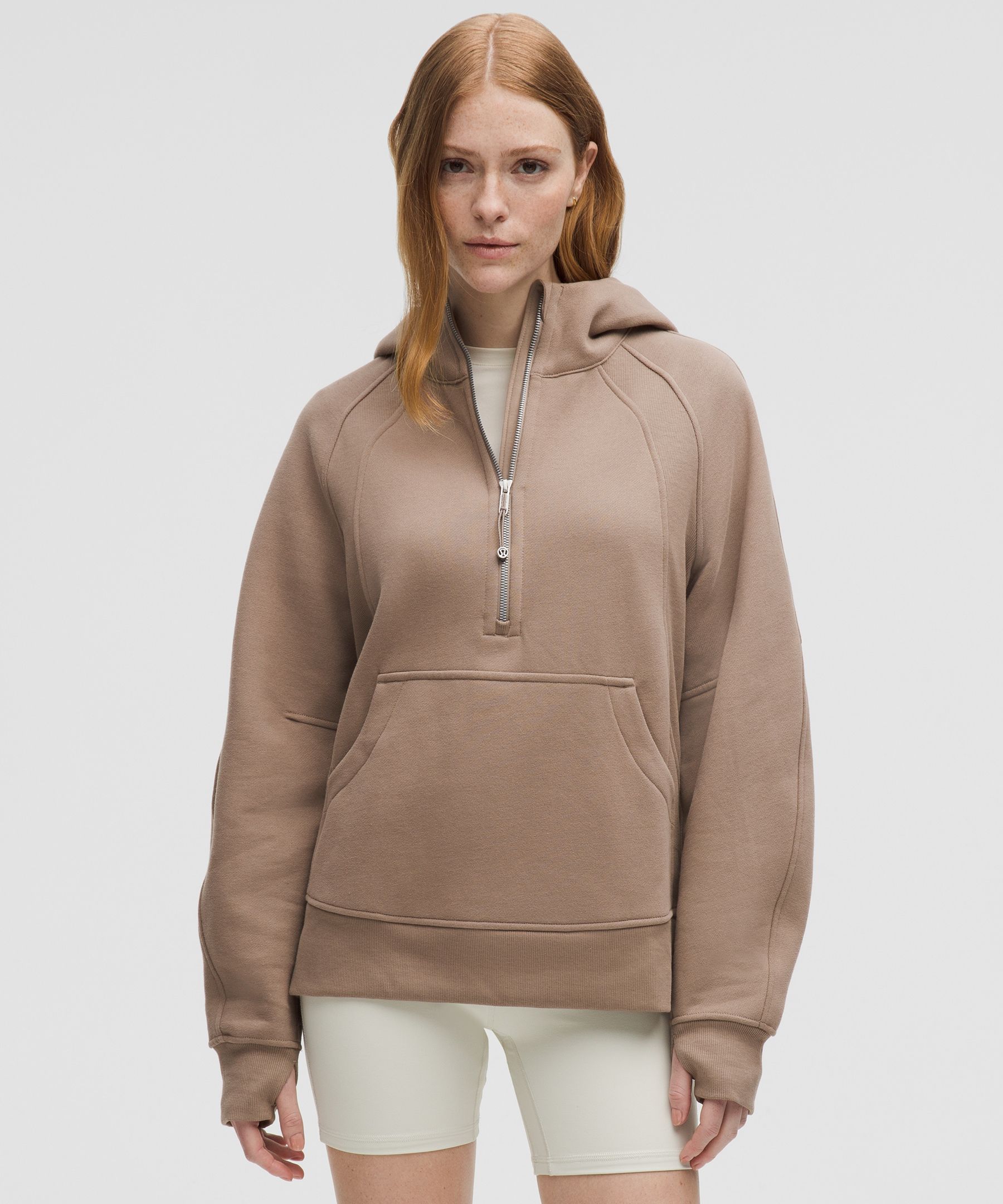 Scuba Oversized Half-Zip Long Hoodie - Brown,Neutral