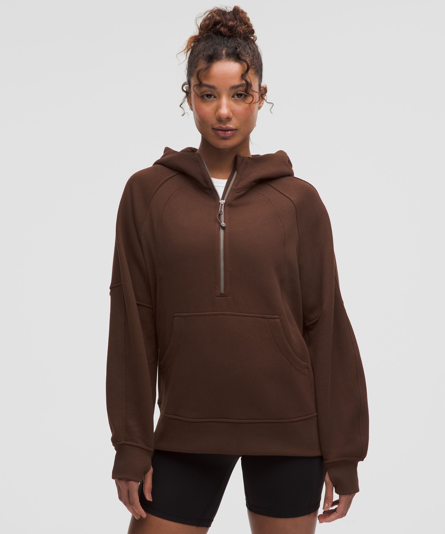 Scuba Oversized Half-Zip Long Hoodie - Brown